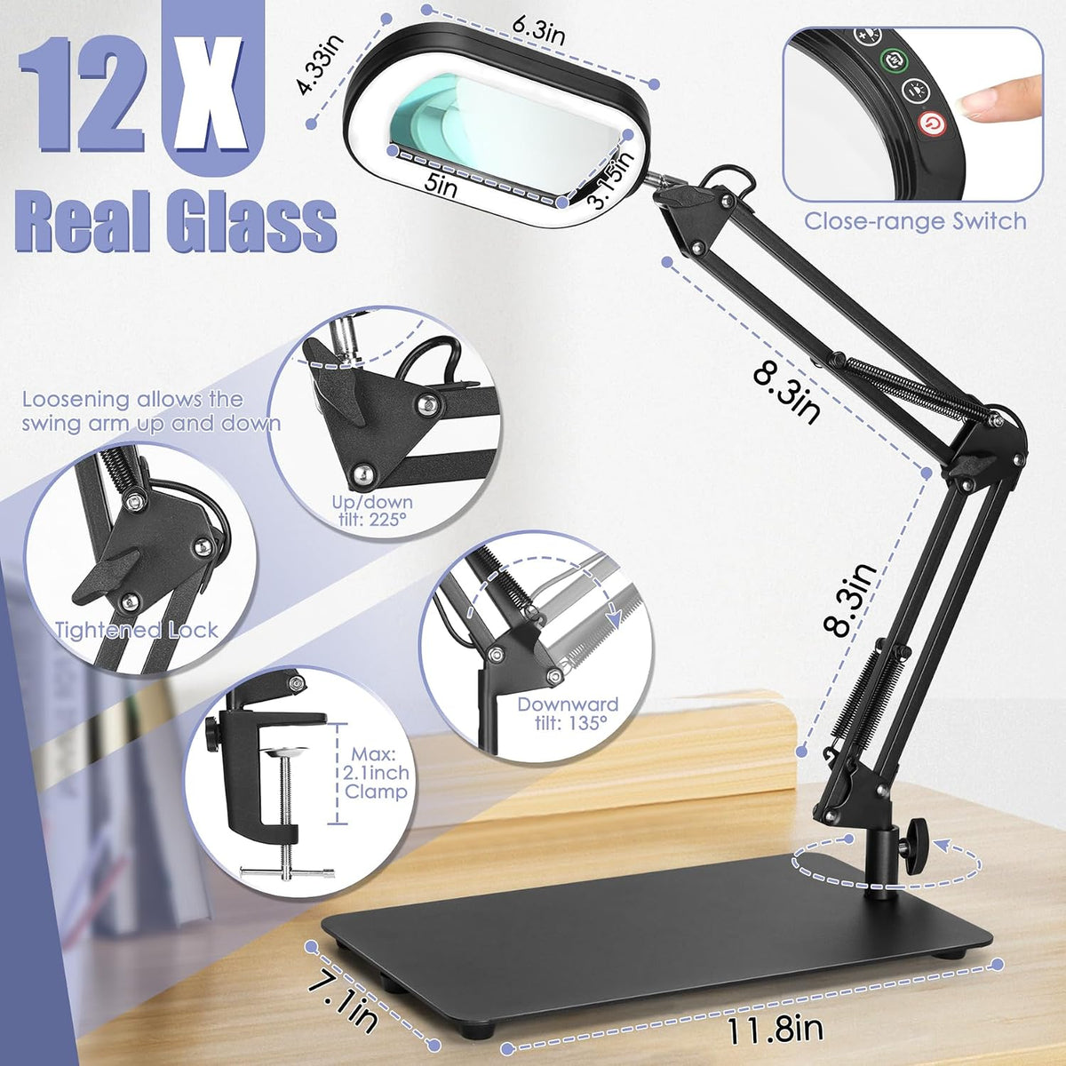 Drdefi 12X Square Magnifying Glass with Light and Stand, Real Glass LED Light...