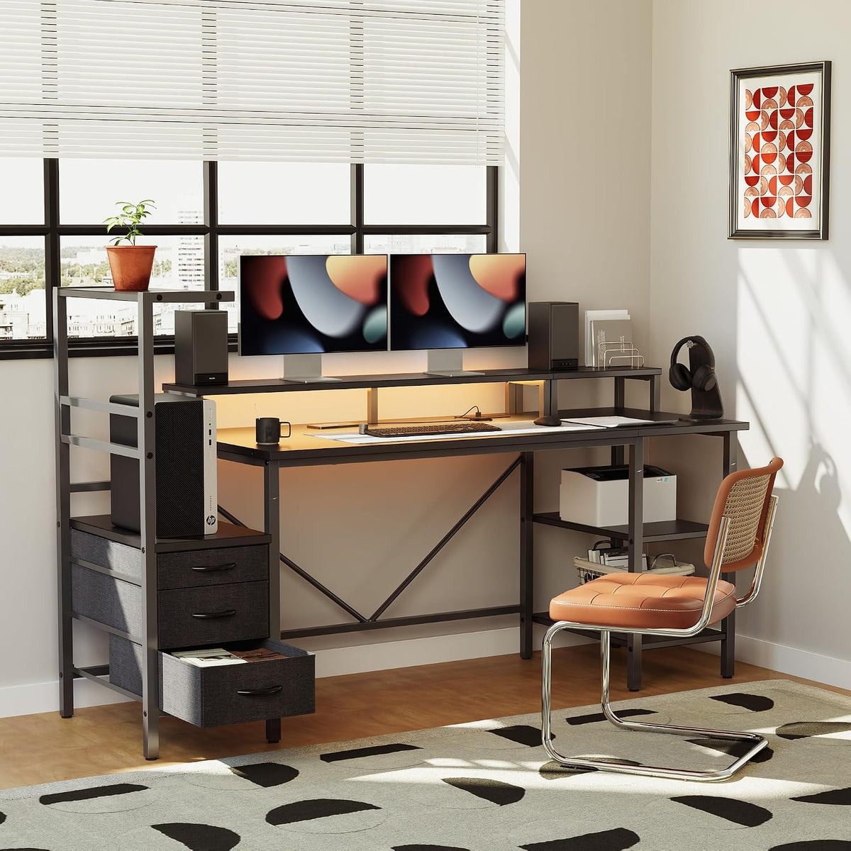 59 in Gaming Desk with Storage Drawers & Shelves, Reversible Computer Desk