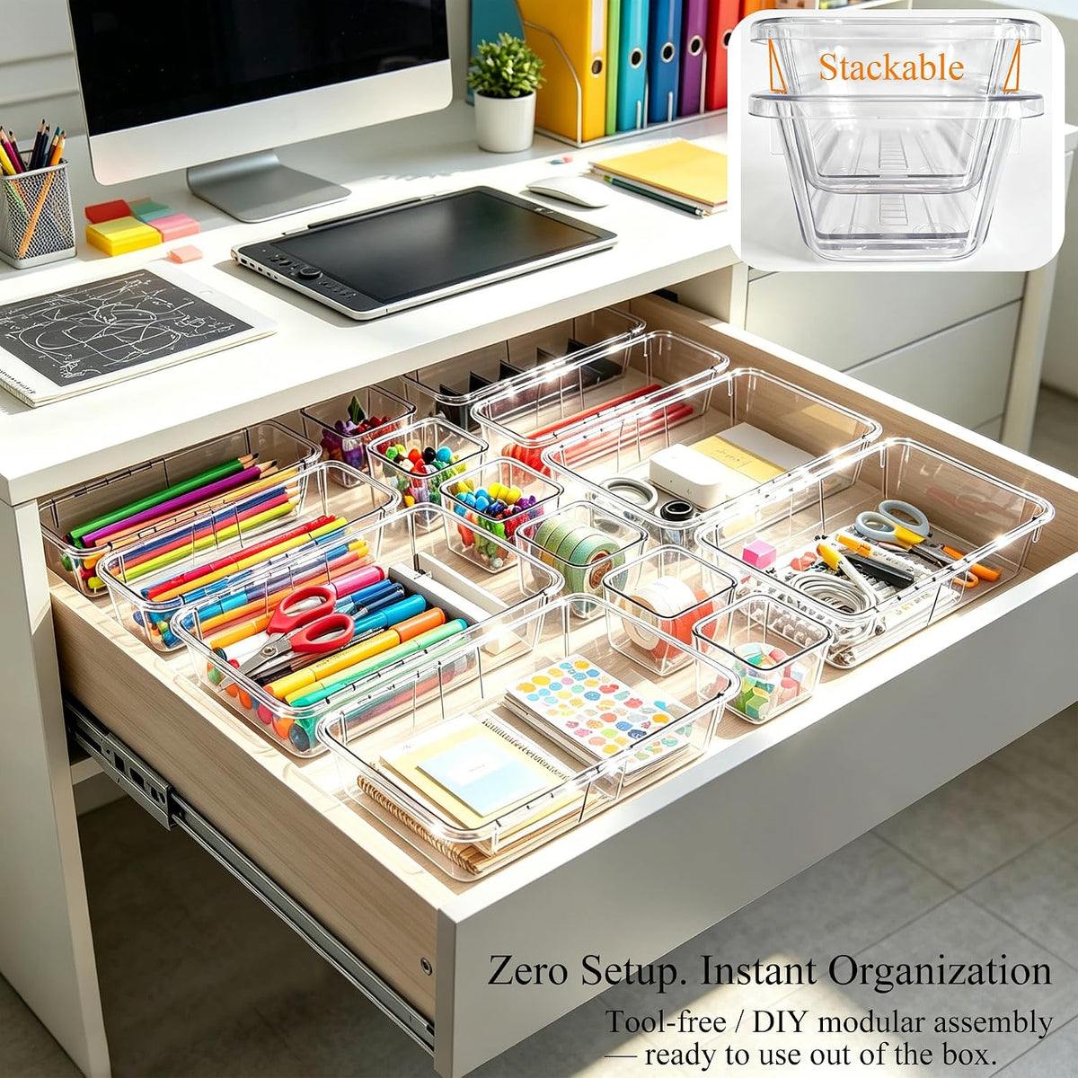 25Pcs Clear Expandable Drawer Organizer Bins for Vanity Desk Bathroom