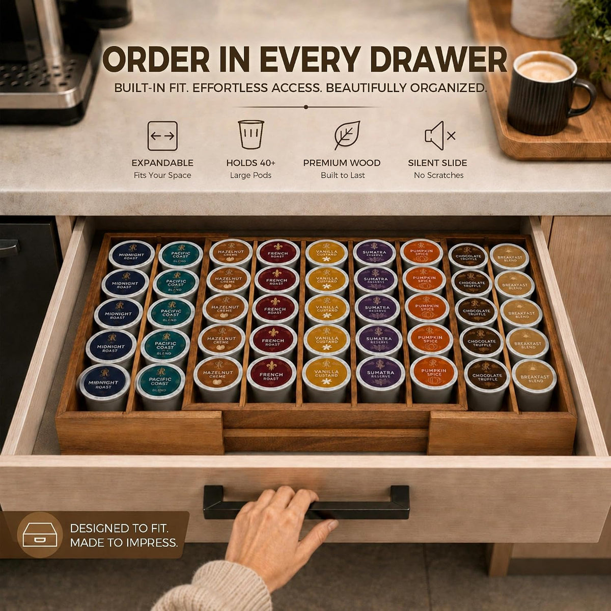 MinBoo Expandable Acacia Wood Coffee Pod Drawer Organizer