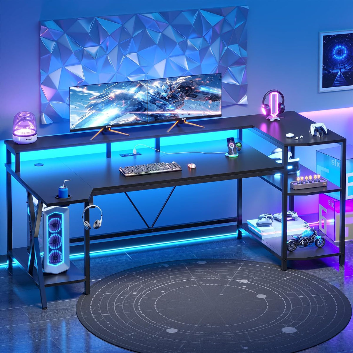 SEDETA Gaming Desk 70.8'' with LED Lights, Storage Shelves,Power Outlets