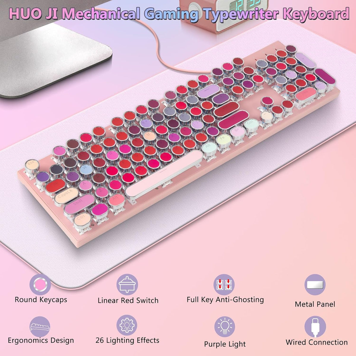 HUO JI Mechanical Gaming Keyboard Typewriter Style with Purple LED Backlit