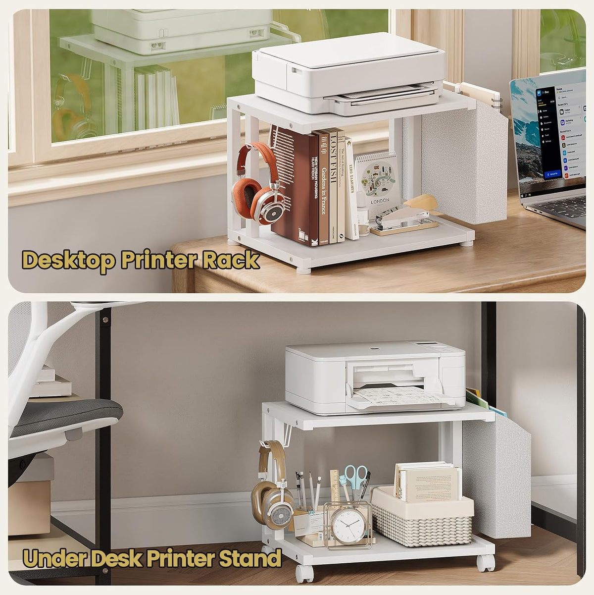 VEDECASA 2 Tier Modern White Wooden Under Desk Printer Stand with Storage Bag...
