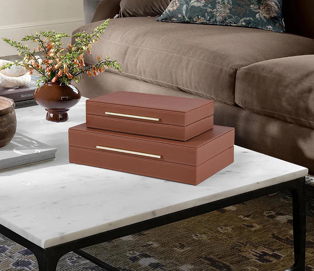 HofferRuffer Faux Leather Decorative Boxes Set of 2, Large Nesting Keepsake B...