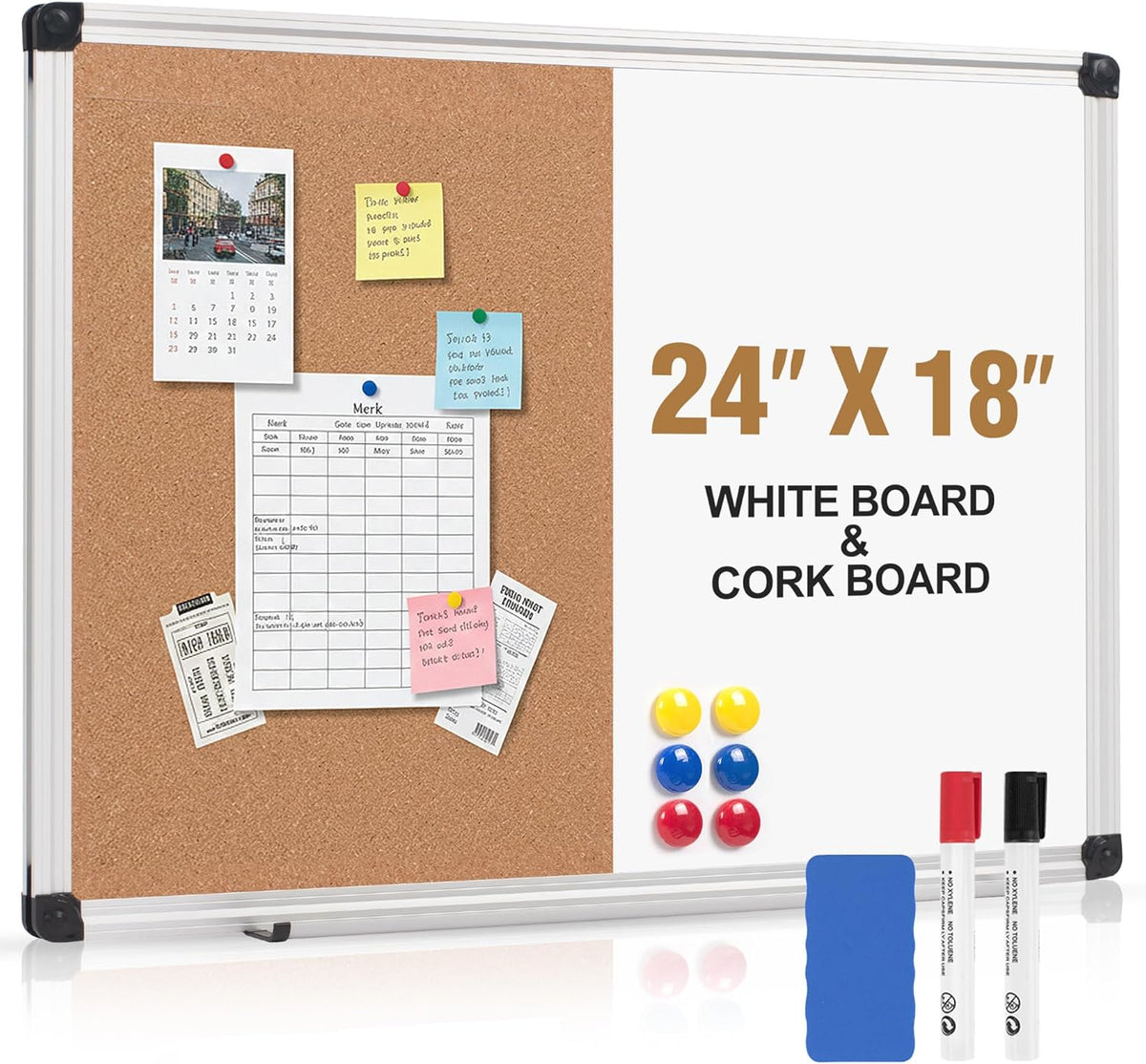 White Board and Cork Board Combo 24" x 18" Aluminum Frame