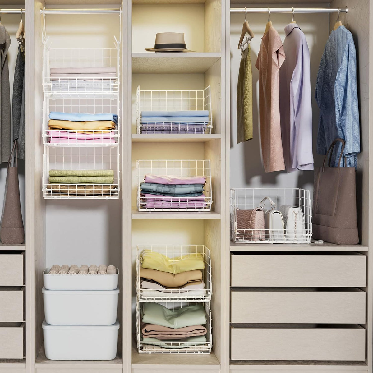 X-cosrack 3 Tier Foldable Closet Organizer, Clothes Shelves with 5 S Hooks, W...