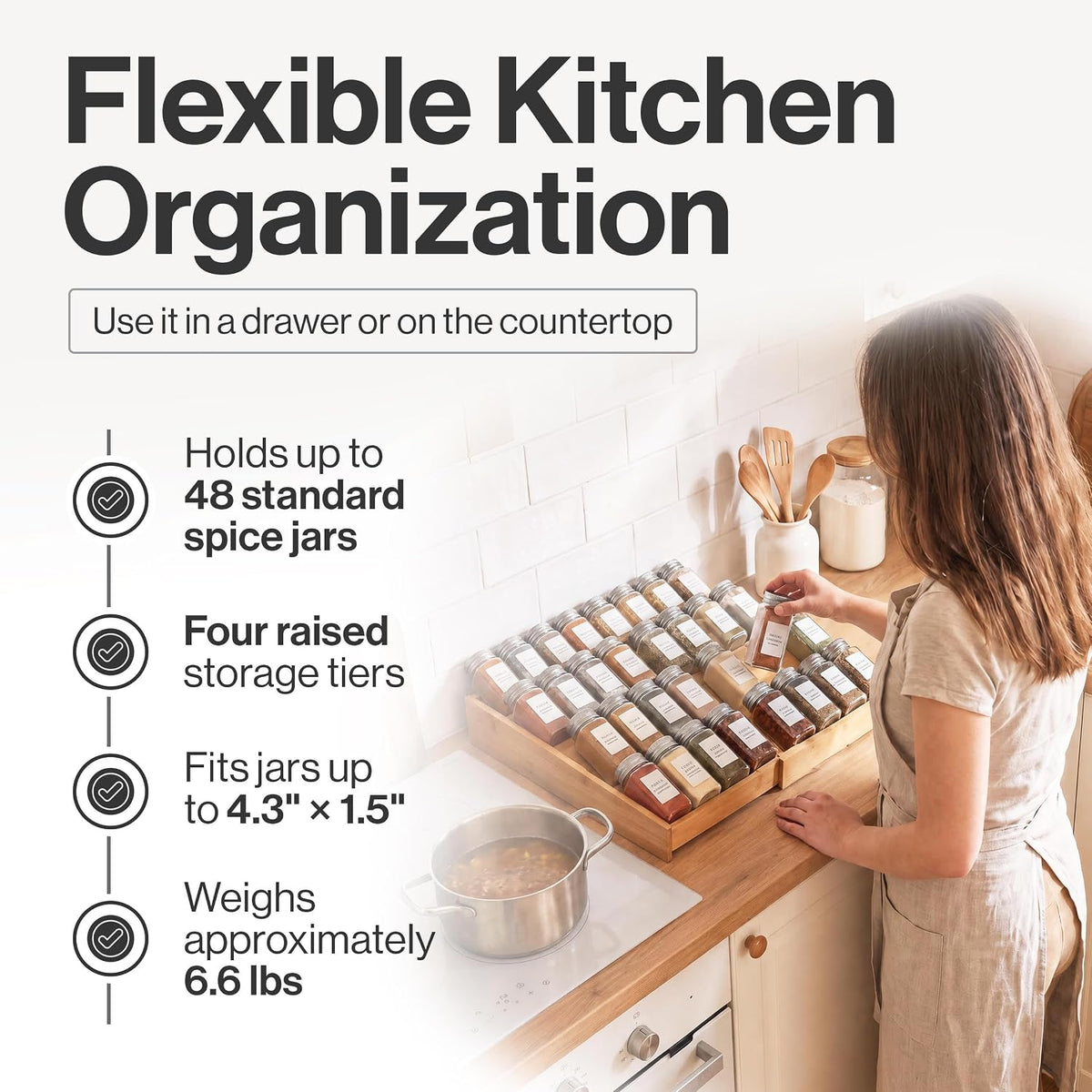 Bamboo Spice Drawer Organizer, Expandable 12 to 23 Inch Insert Holds 48 Jars,...