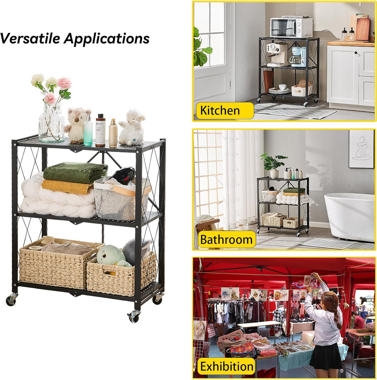 BRIAN & DANY 3-Tier Foldable Storage Shelves with Wheels, No Assembly Fol...