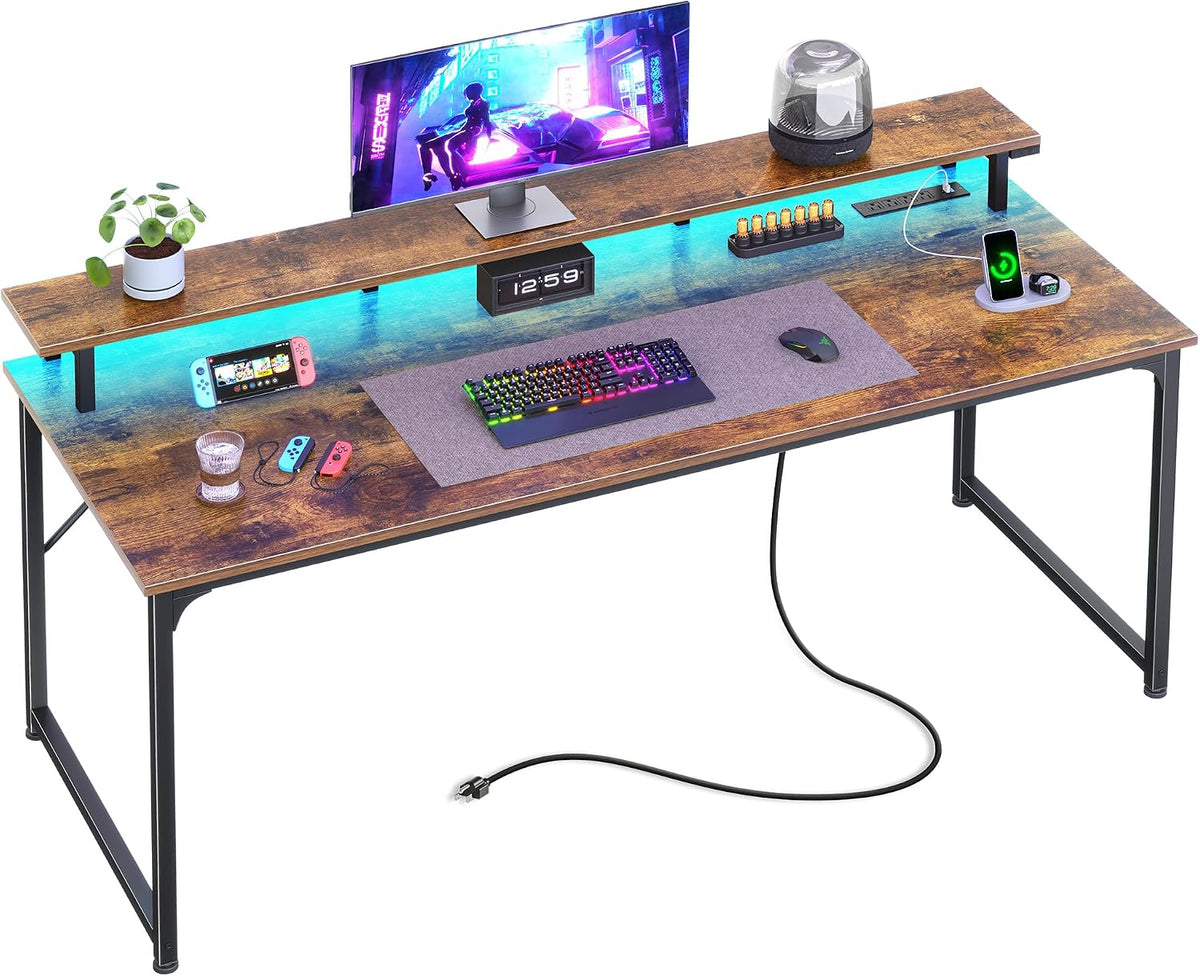 PRAISUN 55 inch Gaming Desk, LED & Outlets, Monitor Stand, Rustic Brown