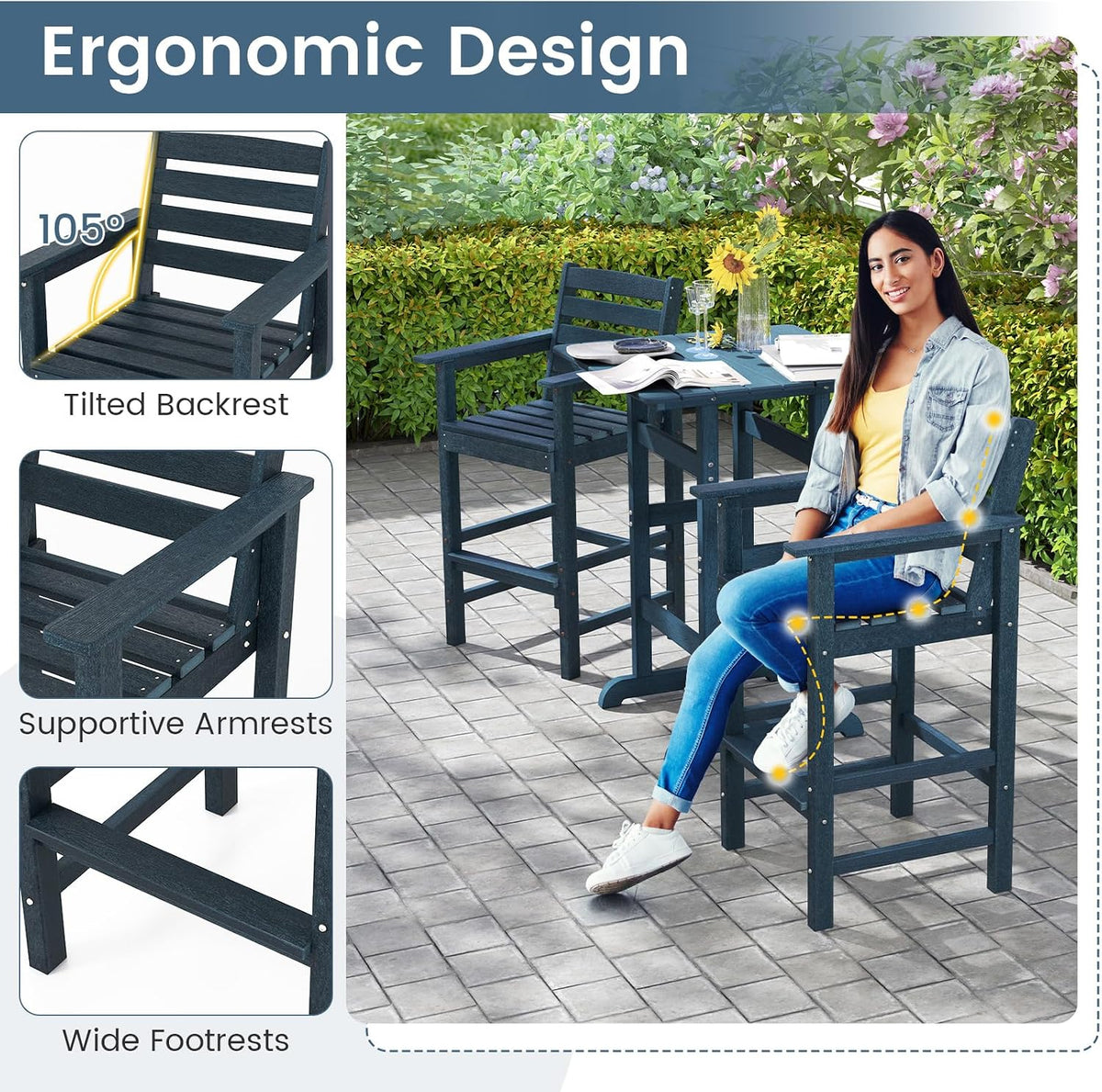 GIANTEX 29” Bar Stools Set of 2, HDPE Barstools w/Back, Armrests & Footre...