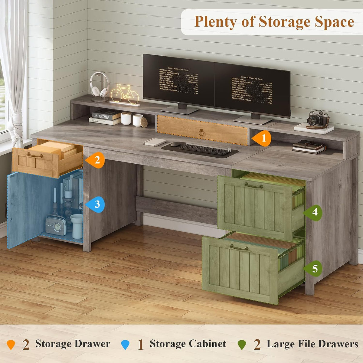 SEDETA 63" Farmhouse Executive Desk with Drawers and Storage Cabinet, Grey