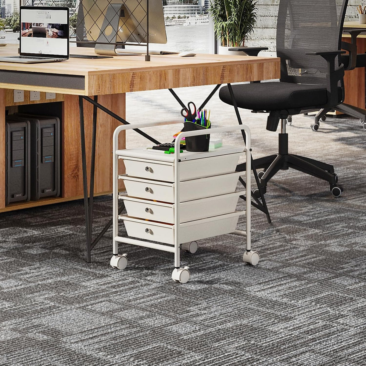 4-Tier Utility Cart with 4 Drawers, Rolling Utility Cart with 2 Lockable Cast...