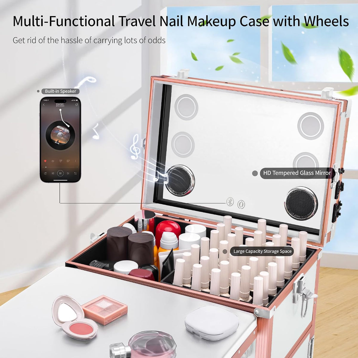 Portable Manicure Table 3 Drawers, Rolling Lockable Makeup Train Case with Bl...