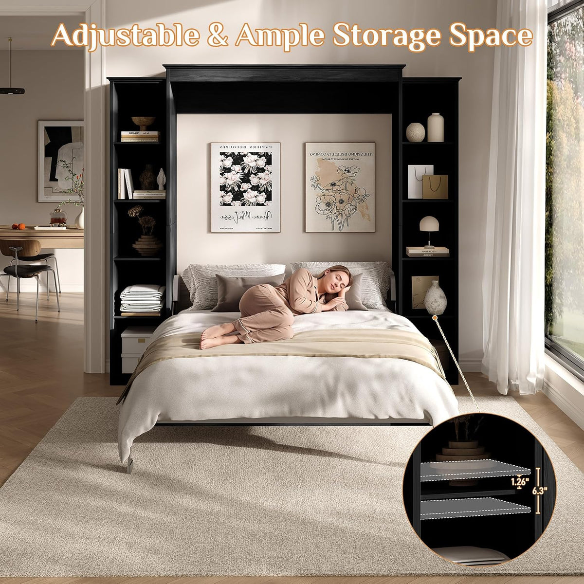 Rophefx Queen Murphy Bed Cabinet with 5-Tier Shelves, Wall Bed,Black Gray
