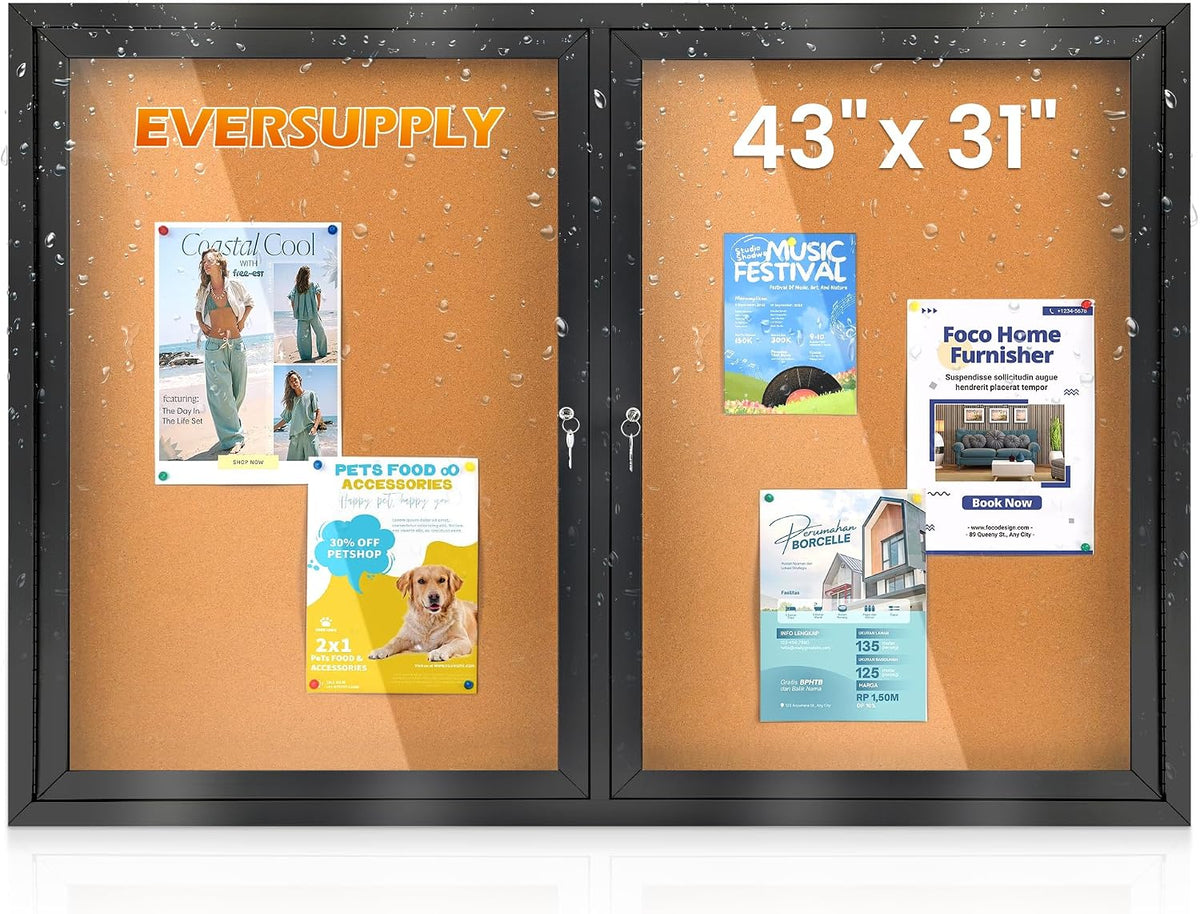 43x31 in Enclosed Bulletin Board Outdoor Cork Board Display Case, Black