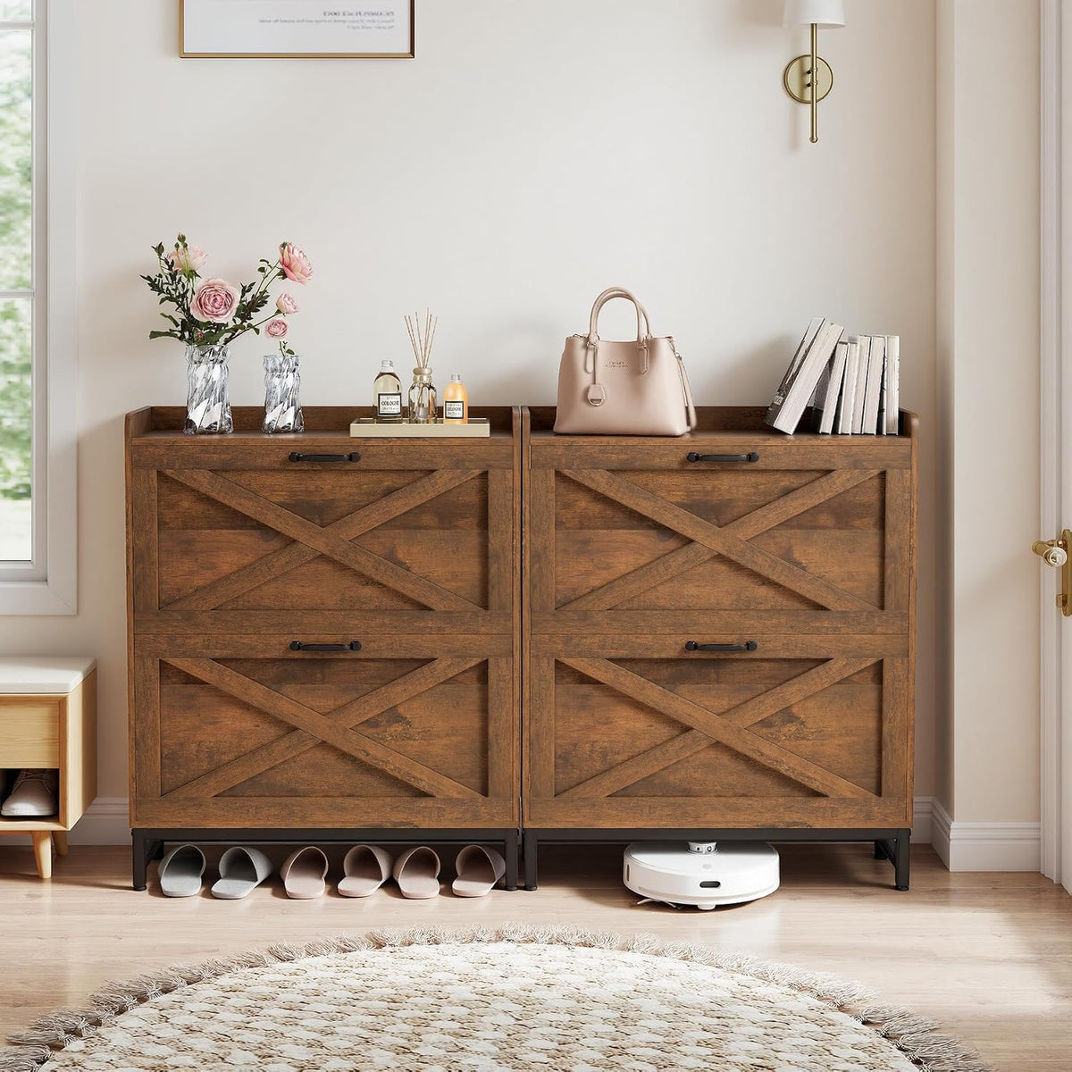Miereirl Rustic Farmhouse Shoe Cabinet with 2 Flip Drawers, Narrow Entryway S...