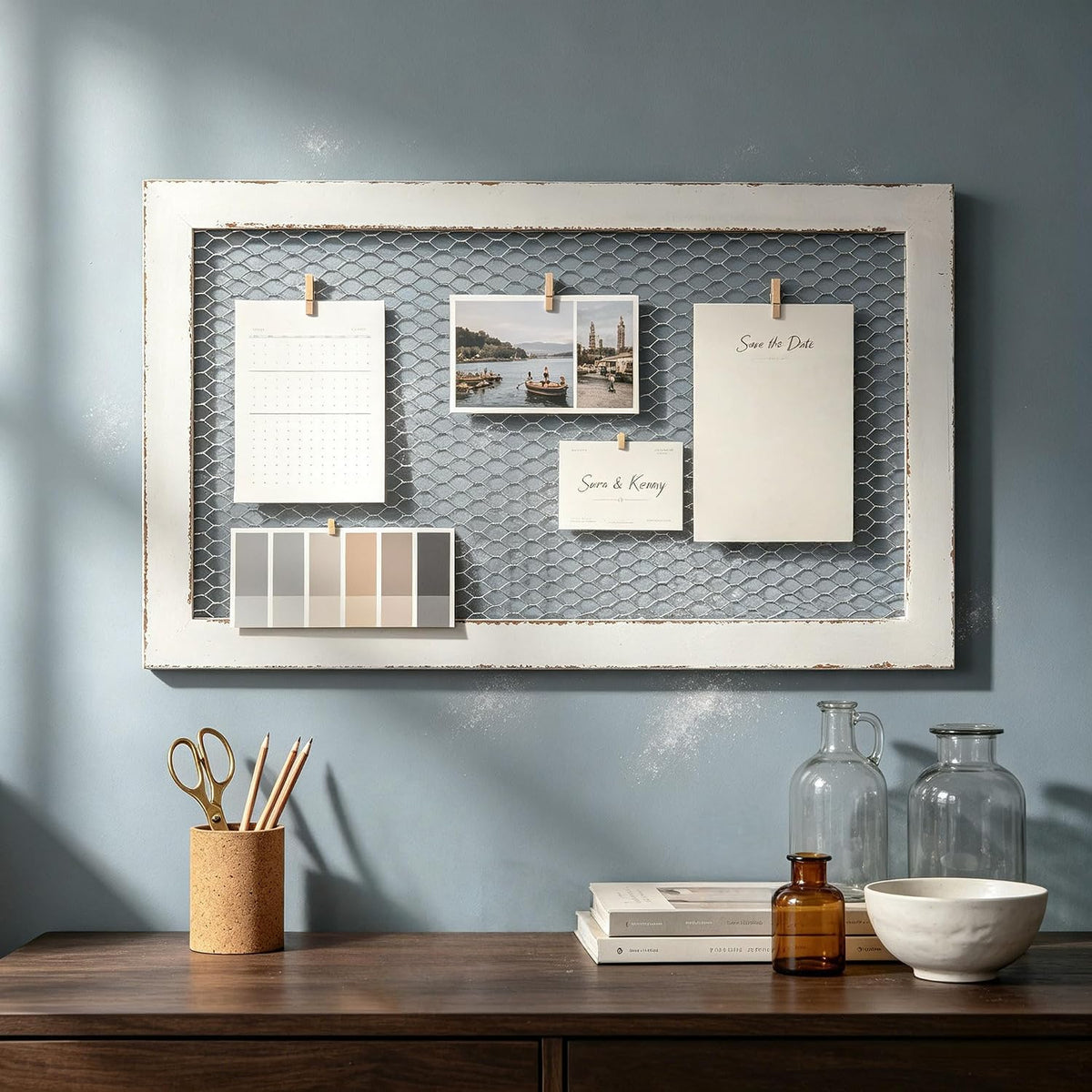 SOFE Chicken Wire White Framed Bulletin Boards, 18×29" Wood Grid Shelf