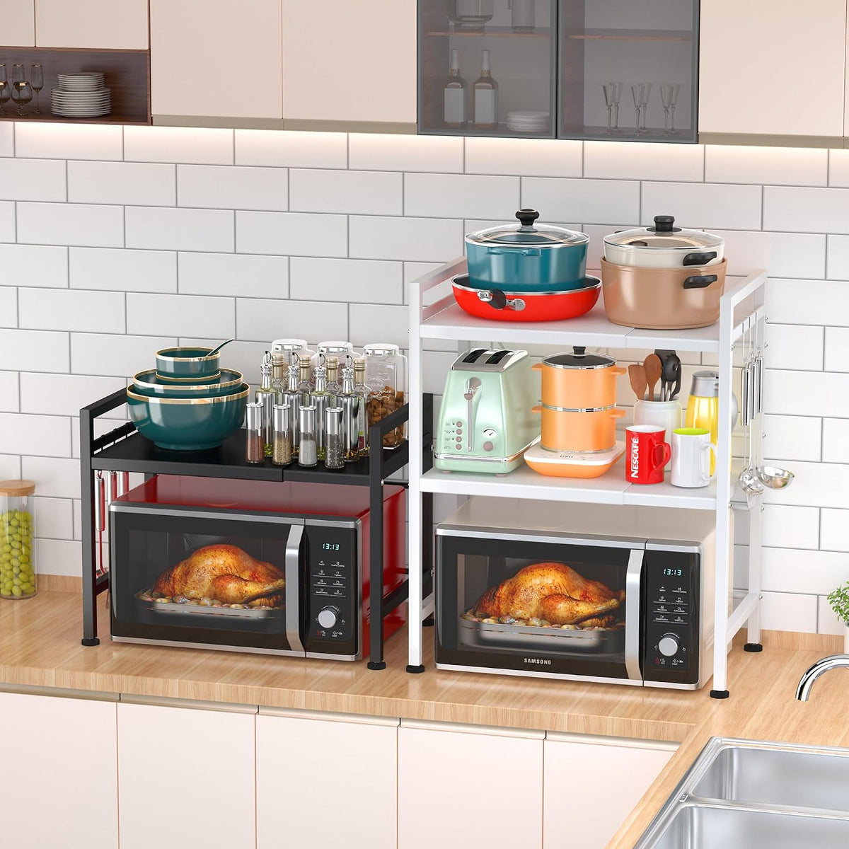 PUSDON Expandable Microwave Oven Rack, 2-Tier Countertop Baker's Rack Sty...