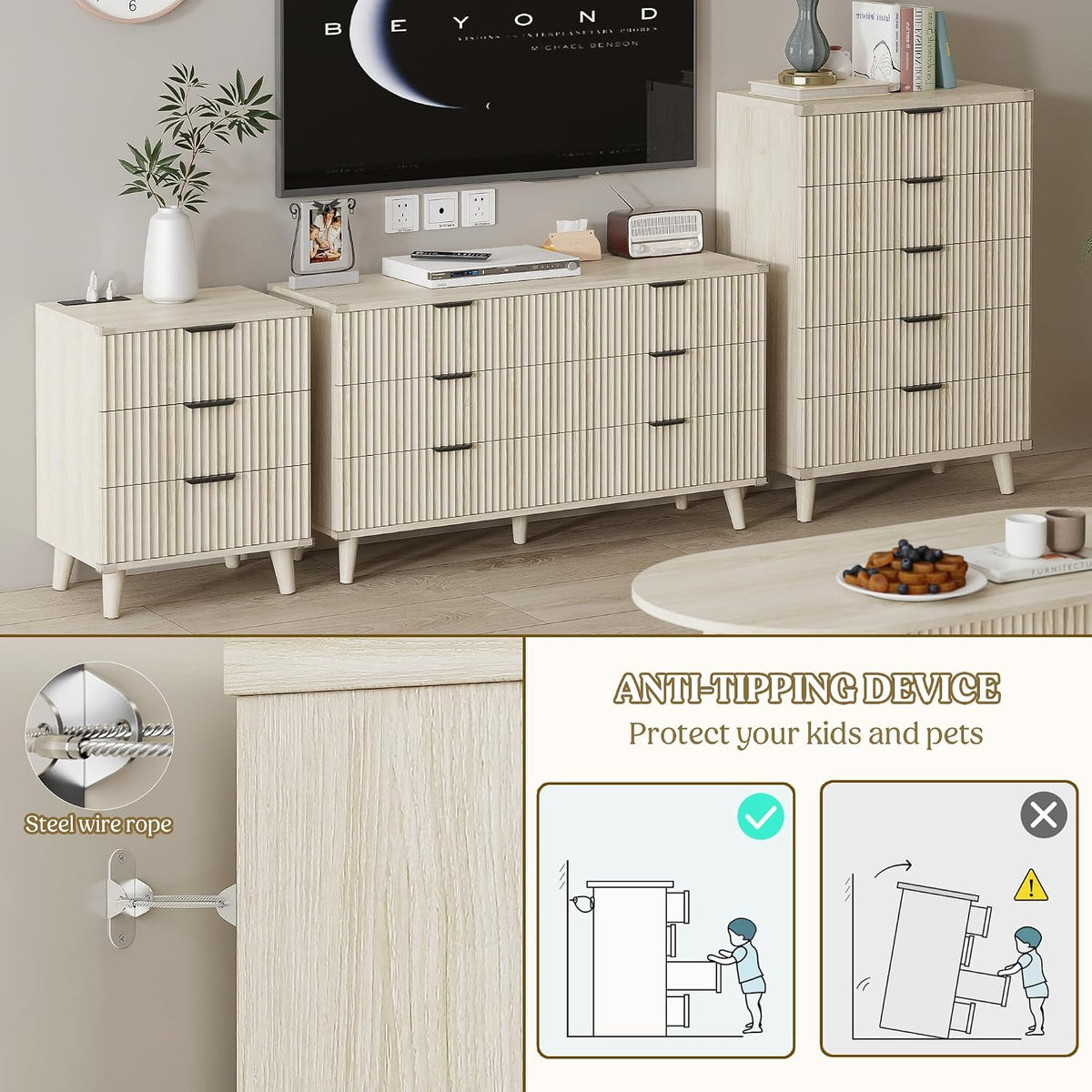 Wood Tall 6 Drawers Dresser, 53.2" W Fluted Modern Dressers for Bedroom