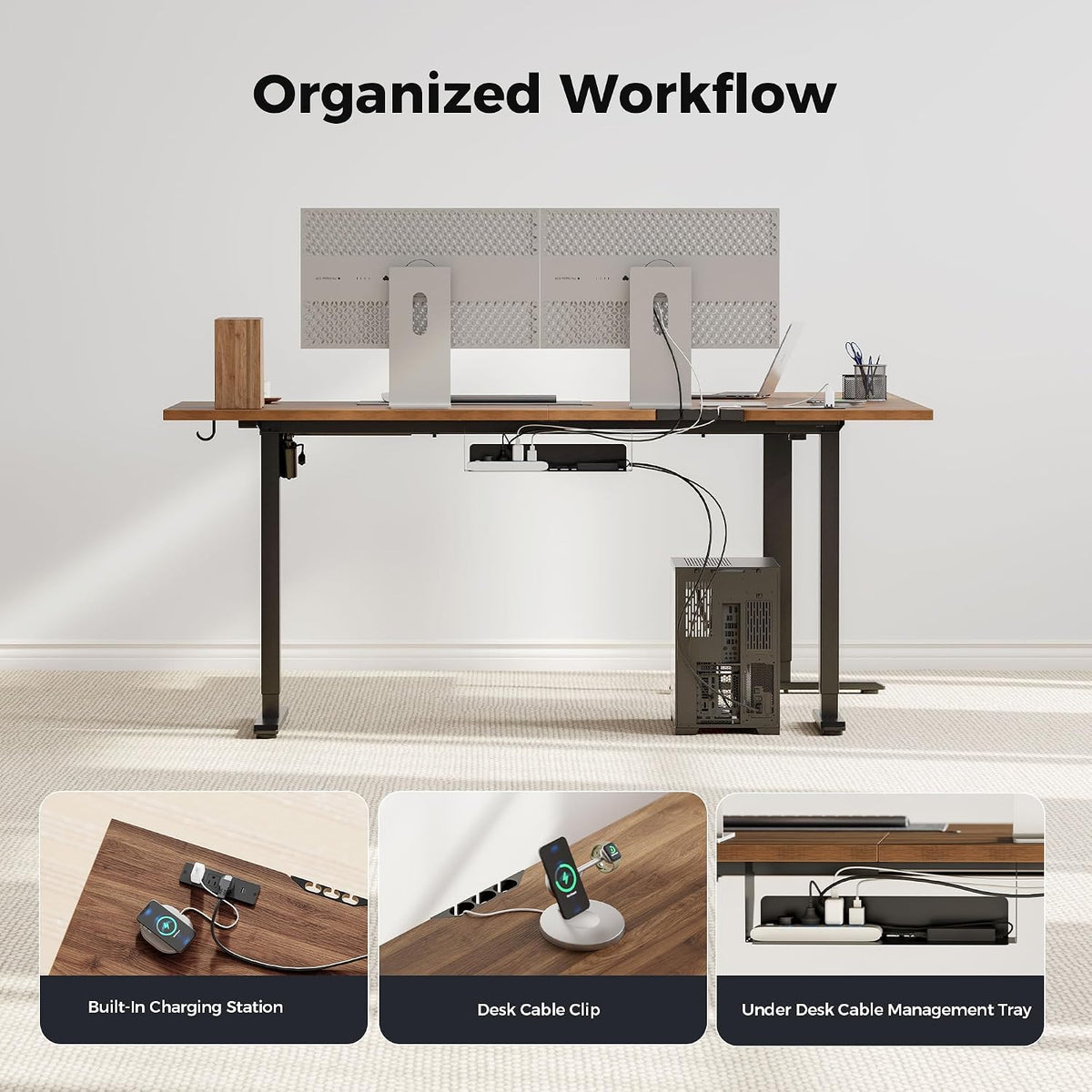Agilestic 75 x 61 Inch L Shaped Standing Desk with Powerstrip, Dark Walnut