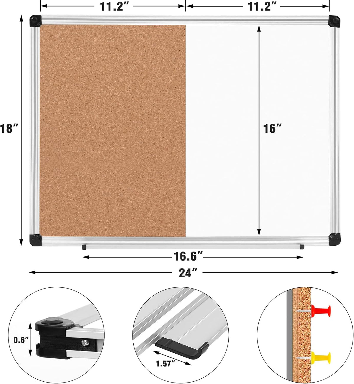 White Board and Cork Board Combo 24" x 18" Aluminum Frame