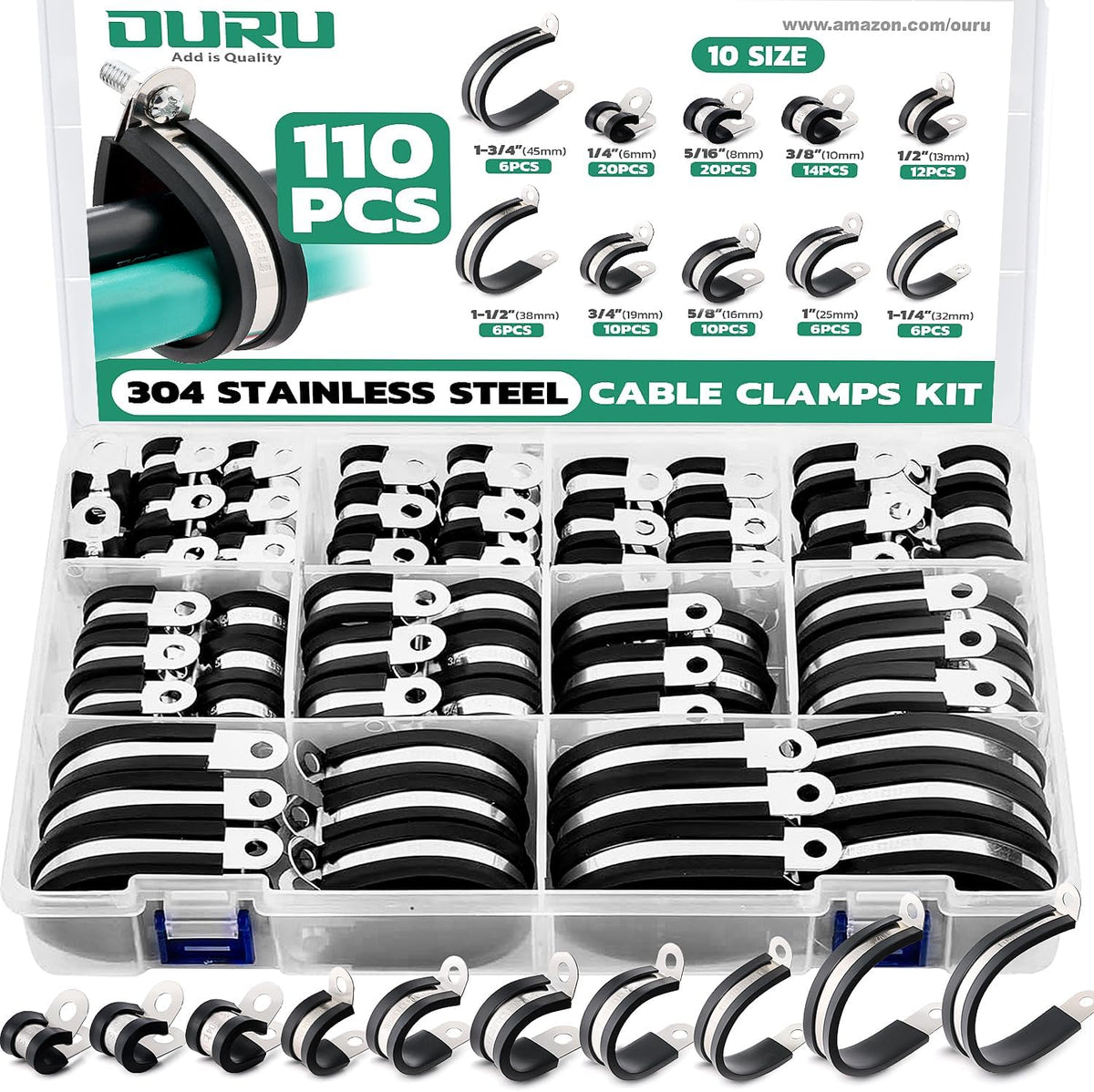 OURU 110PCS Cable Clamps Assortment Kit,Rubber Coated, 1/4"-1-3/4" ...