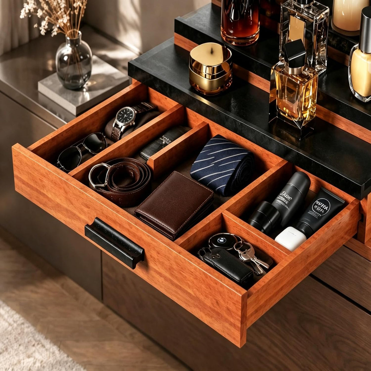 Beautiful Gift Bamboo Cologne Organizer 5-Tier:Hidden Storage Drawer