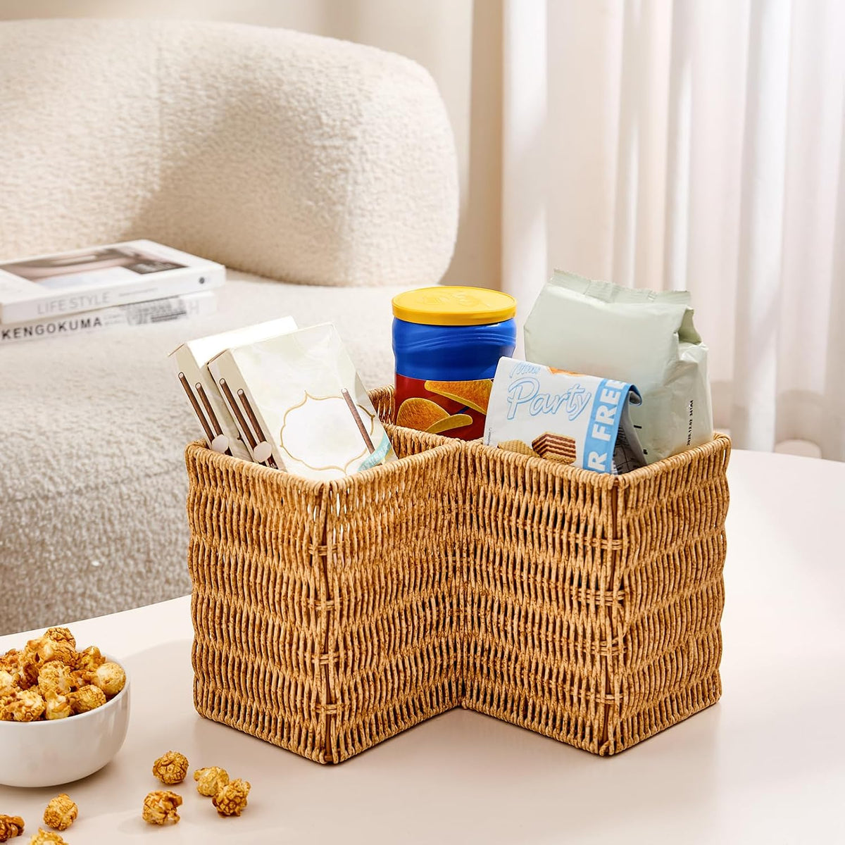 Berdeng 3-Compartment Silverware Caddy, Faux Rattan Utensil Holder with 2 Han...