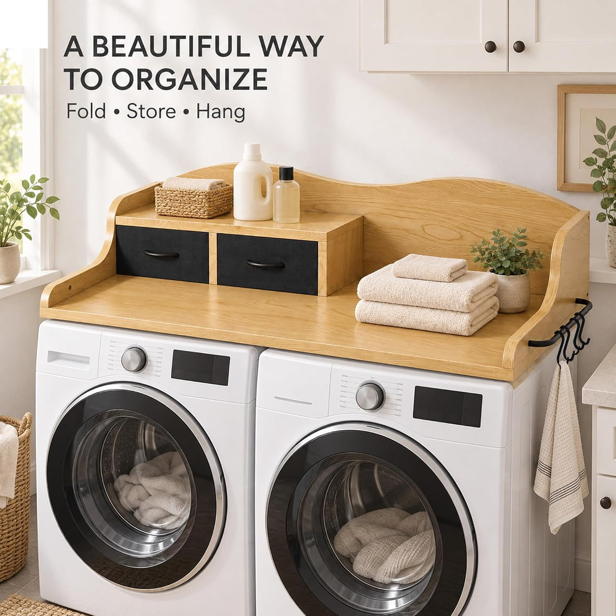 2-Tier Washer Dryer Countertop, Laundry Room Organizer with Drawers & Sid...