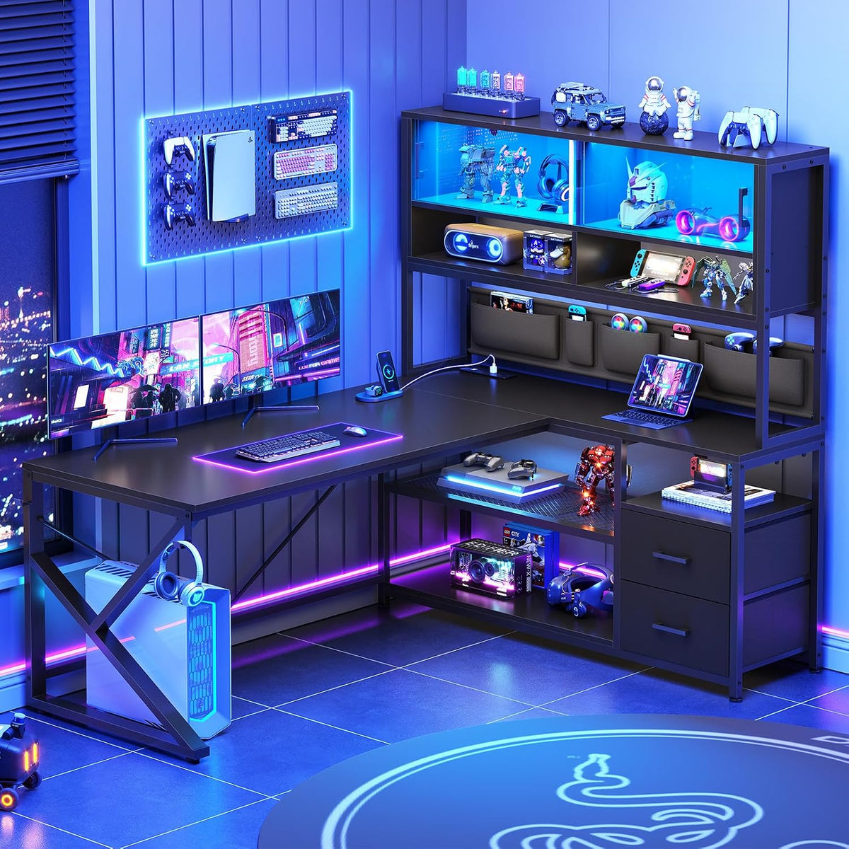 SEDETA L Shaped Gaming Desk with Storage Shelves, 2 Drawer, LED Light