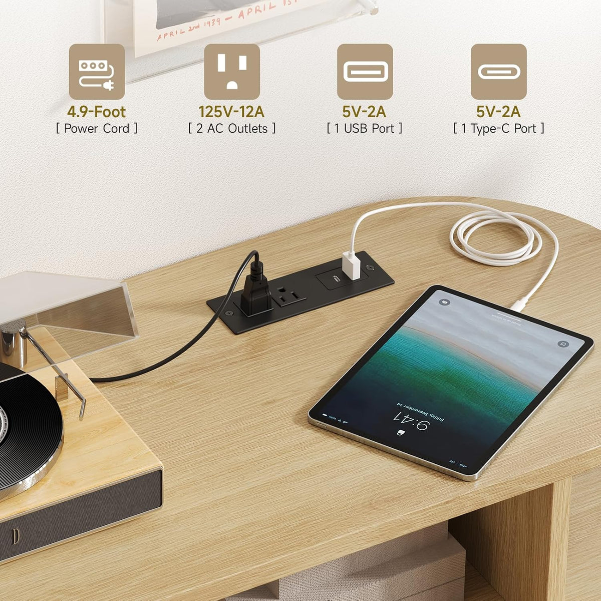 ONBRILL 55" Large Round Record Player Stand with Charging Station,Oak