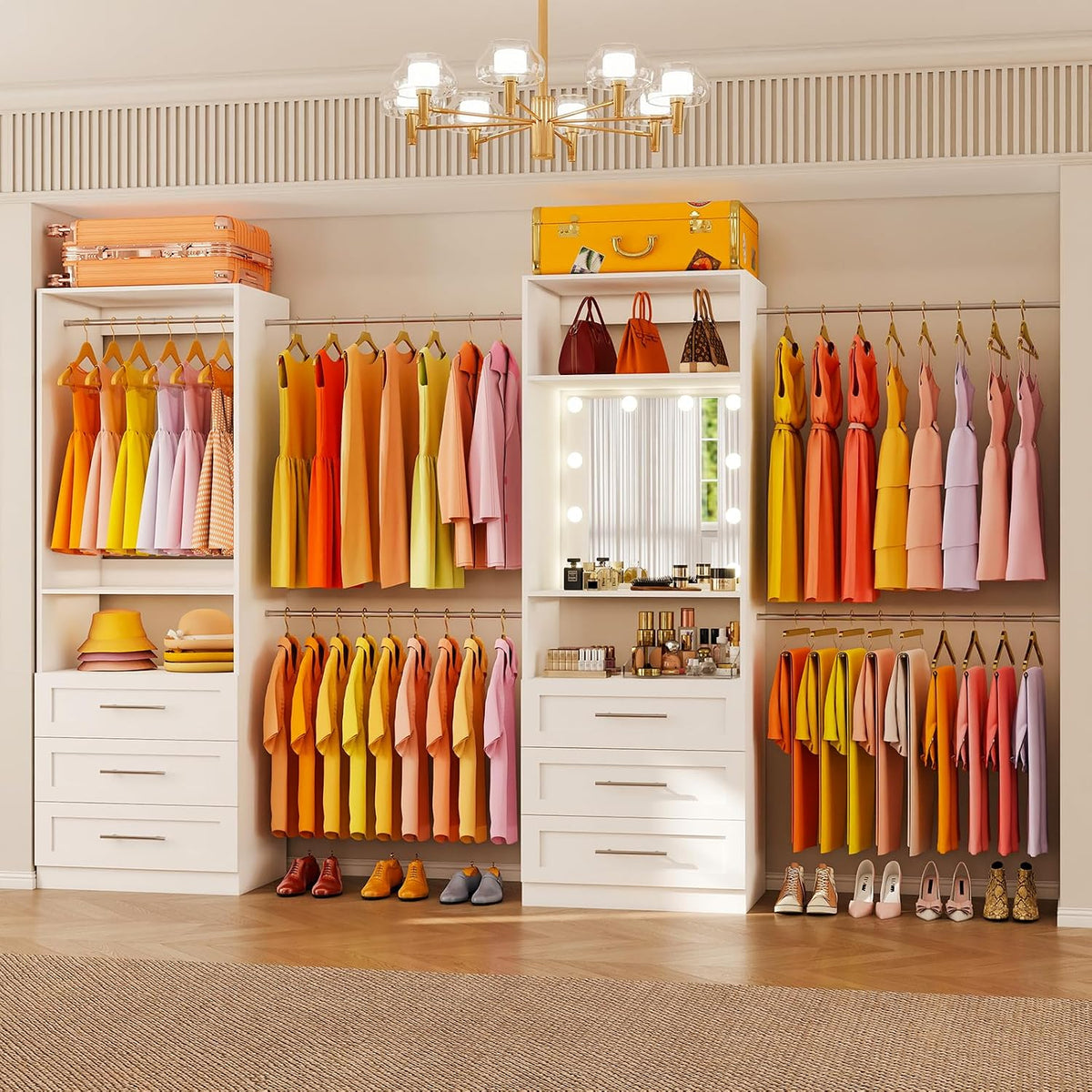 Closet System with 2 Sets, 4FT-15FT Closet Organizer System with 6 Drawers &a...