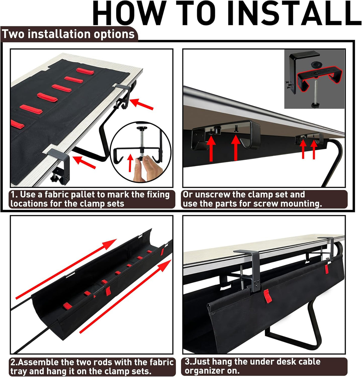 No Drill Under Desk Cable Management Tray, 36" Desk Cable Organizer