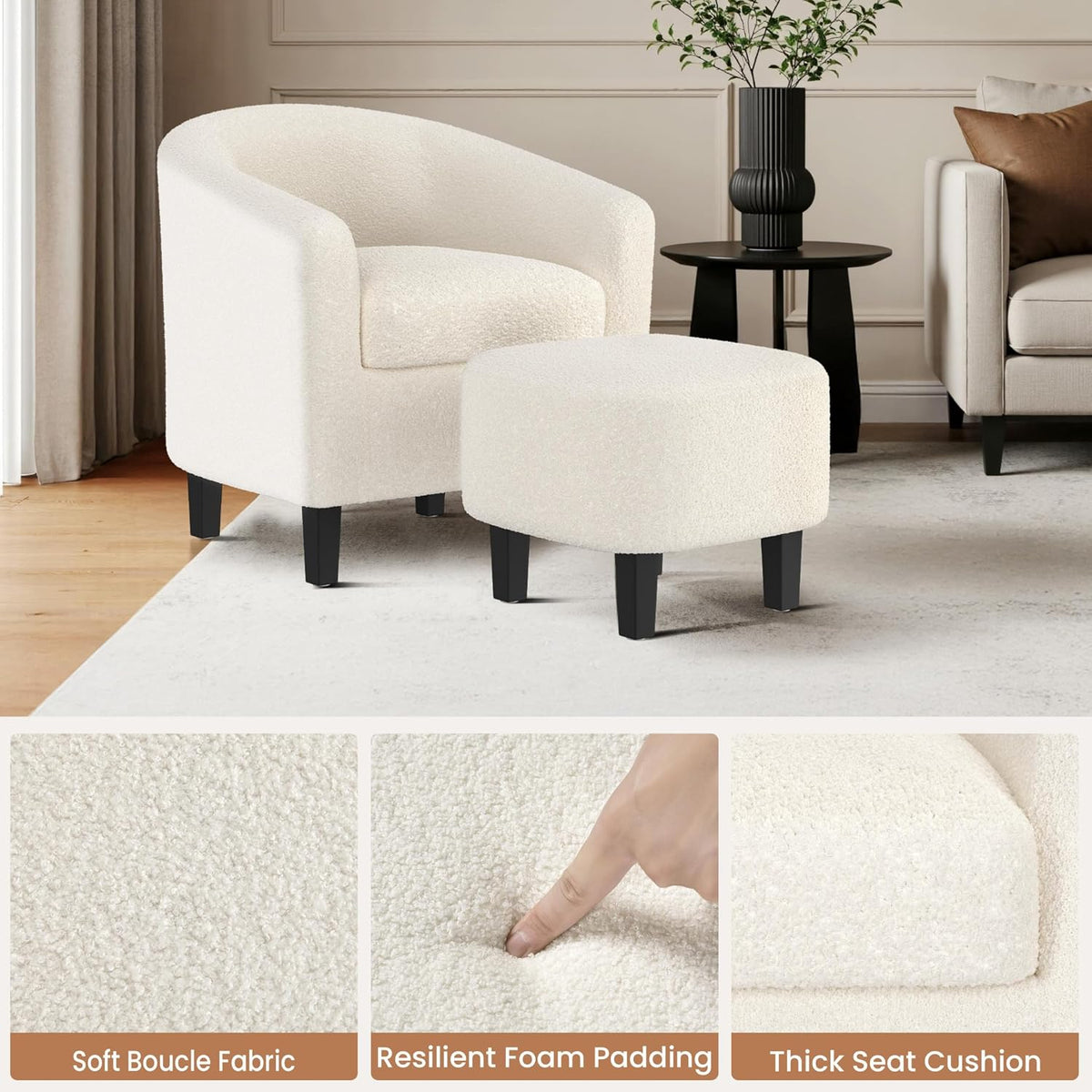 Yaheetech Accent Chairs with Ottoman Set of 2, Boucle Fabric, Ivory
