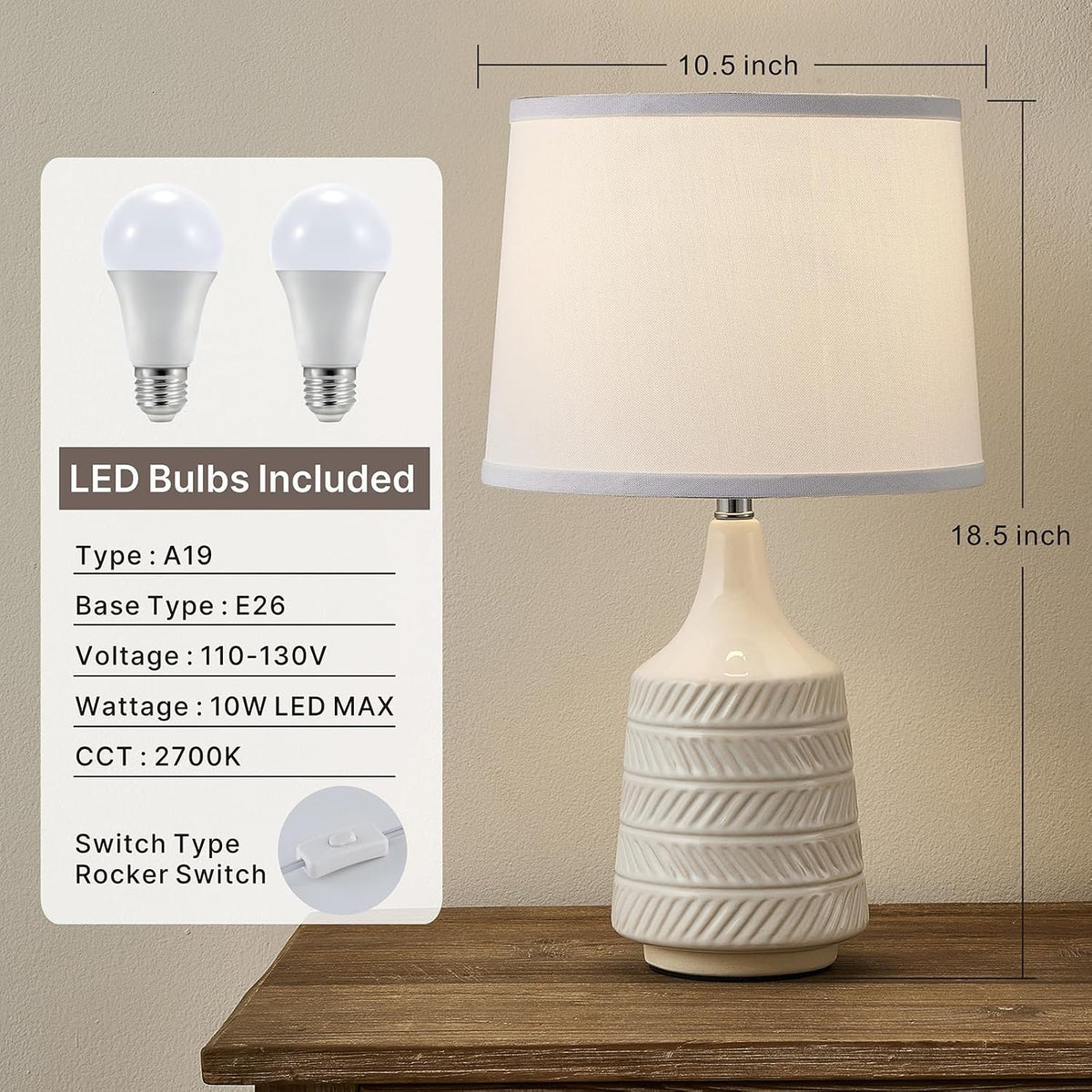 White Ceramic Table Lamps Set of 2, 18.5" Modern Bedside Lamps for Night...