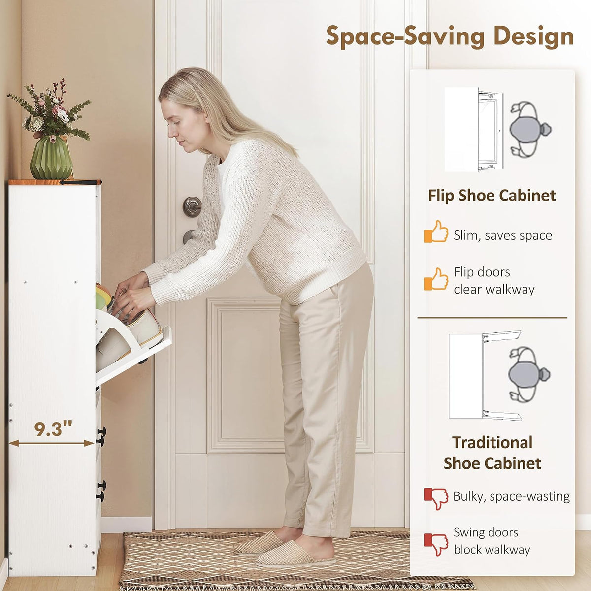 HOMCOM Shoe Cabinet with 2 Flip Drawers, Narrow, Adjustable Shelves, White