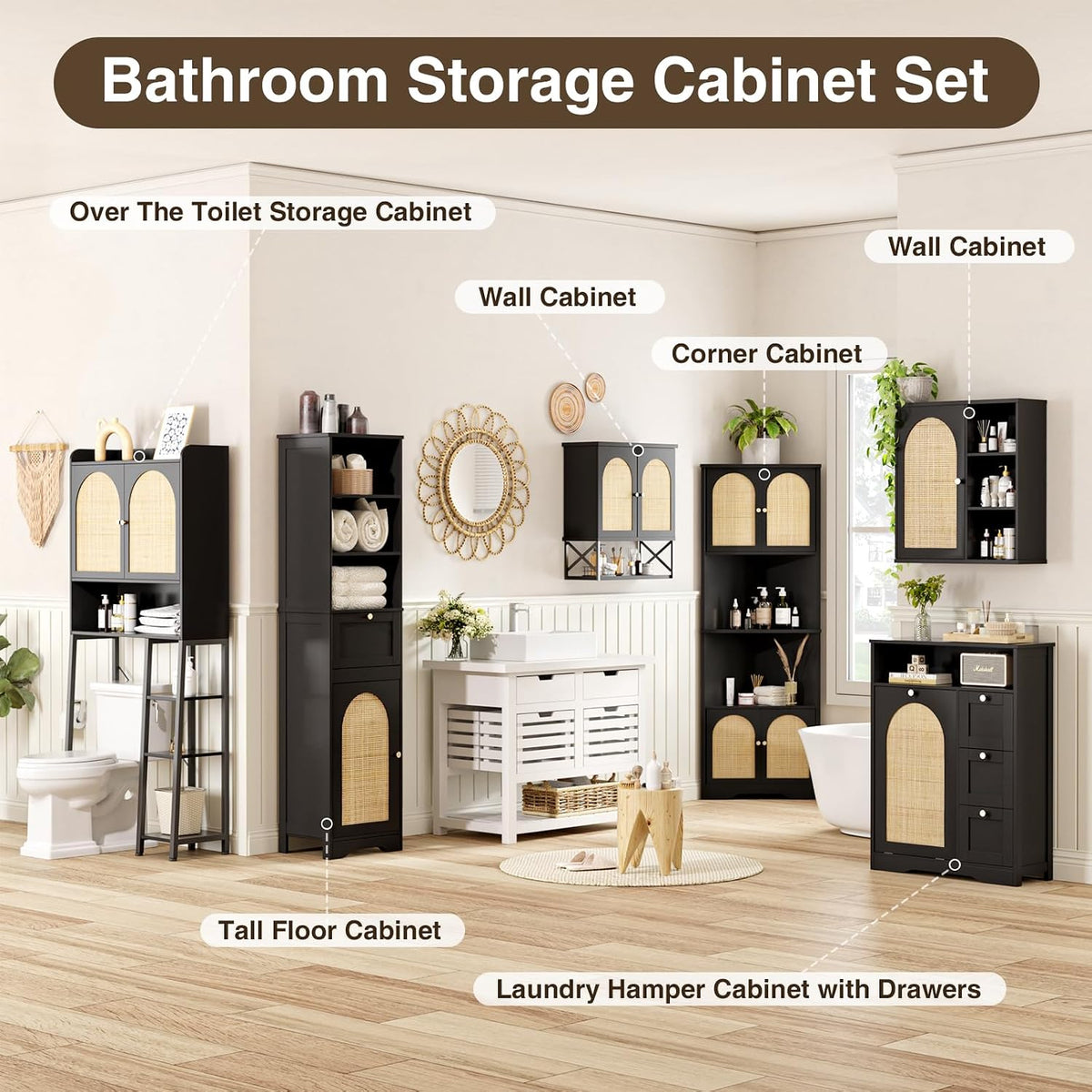 Tall Narrow Rattan Bathroom Storage Cabinet with Doors and Drawers, Black
