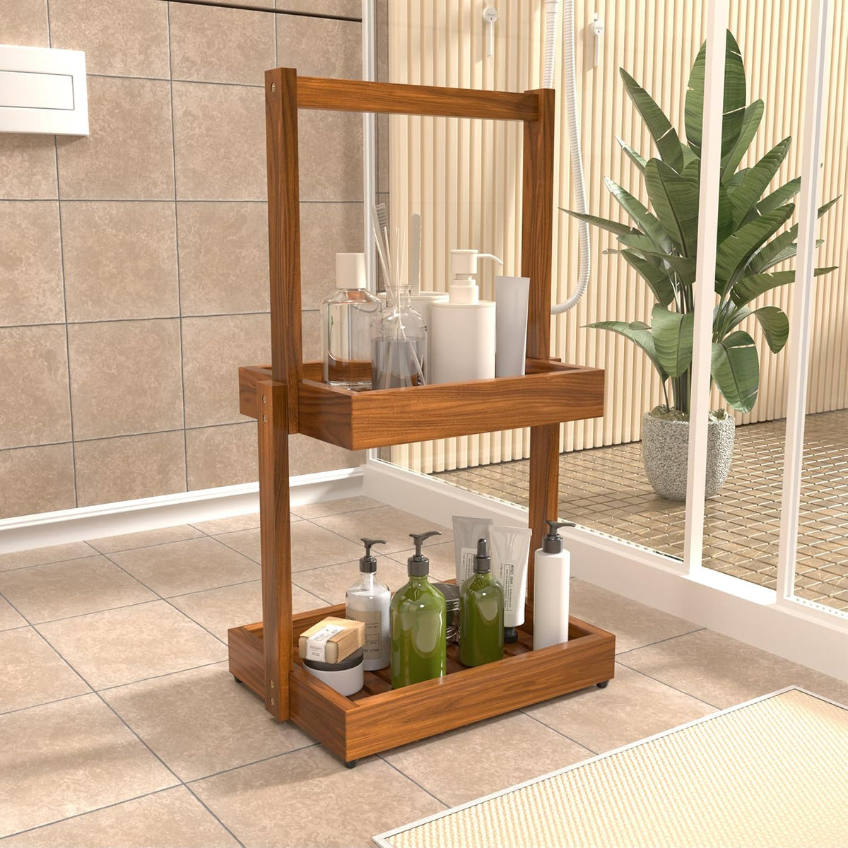 Teak Bathroom Shelf Towel Holder - 2 Tier