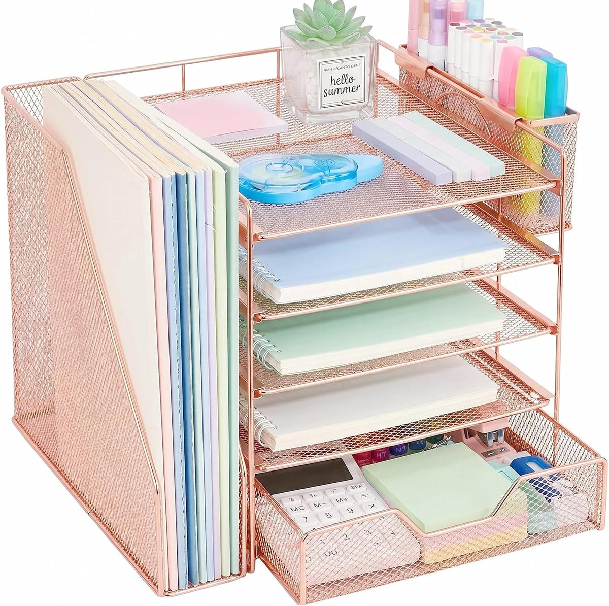 5-Tier Desk File Organizer with Drawer & Pen Holder (Rose Gold)