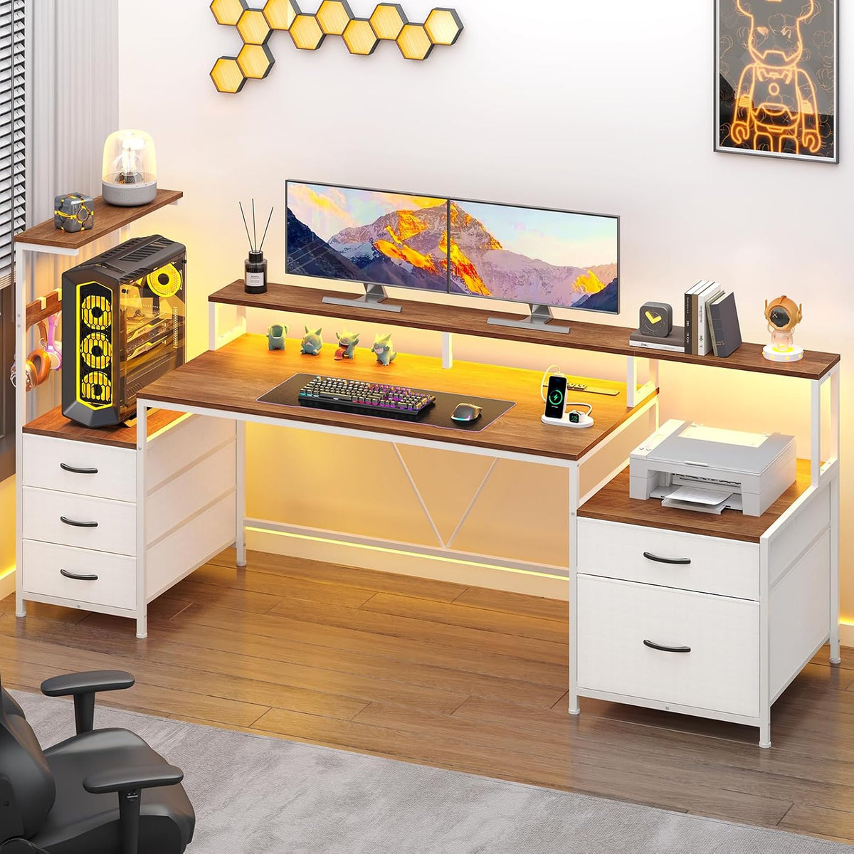63" Computer Desk with Drawers, Storage Shelves and Printer Stand