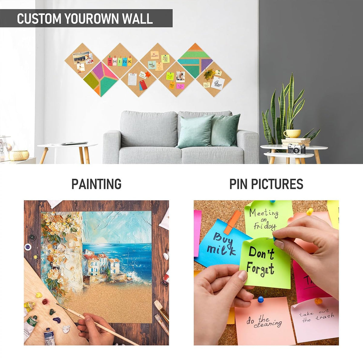 Cork Board Tiles - 8 Packs Adhesive Corkboards for Wall,Small Cork Board Deco...