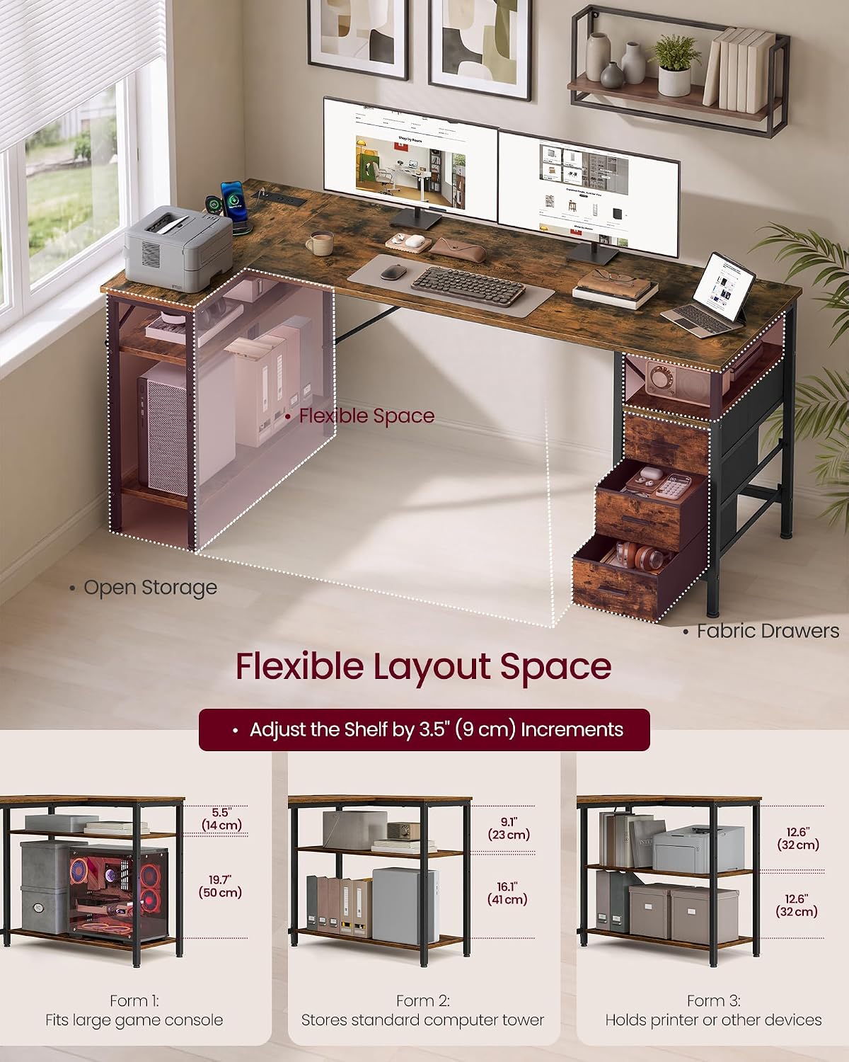 VASAGLE L Shaped Computer Desk with Drawers, Large Gaming Desk with Shelves