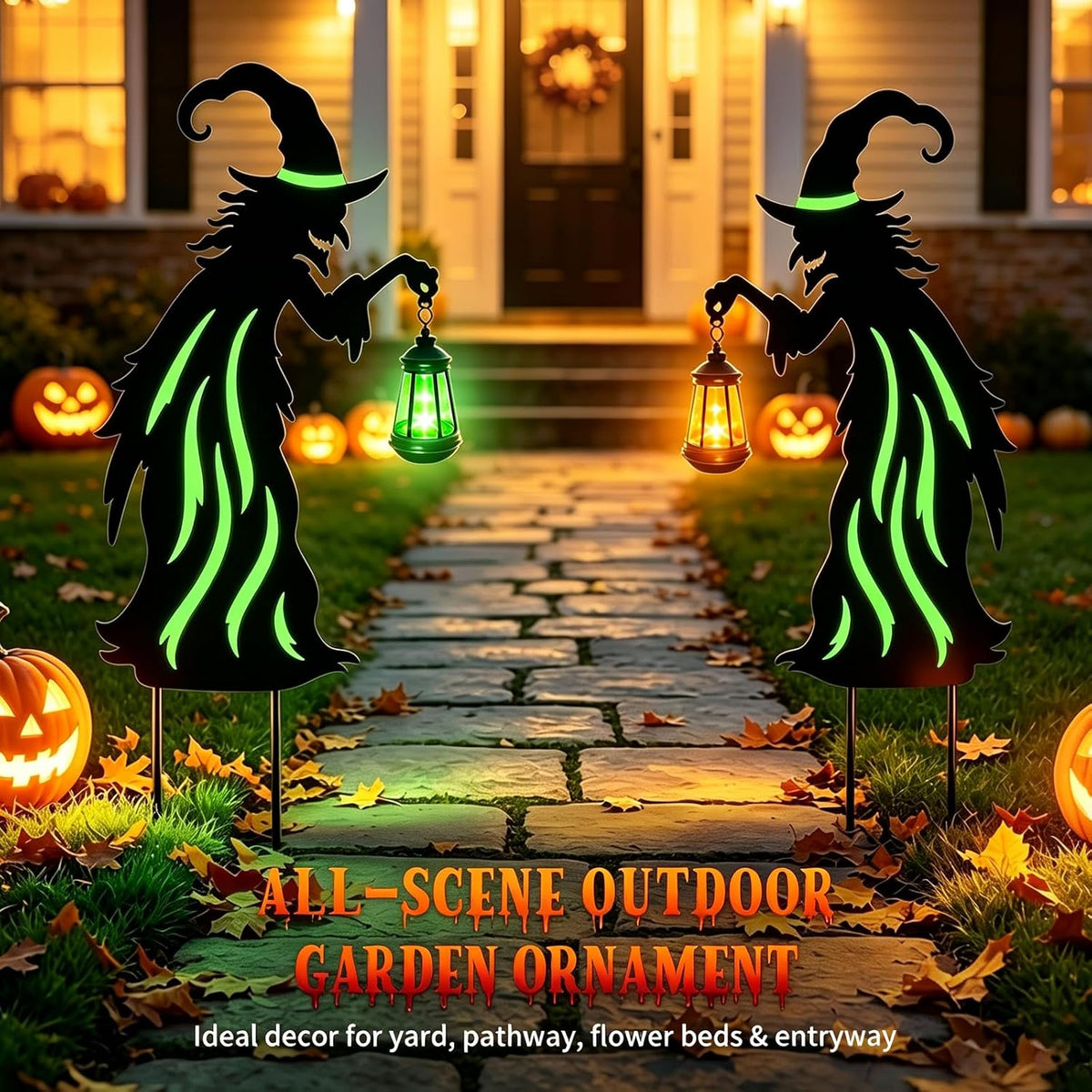 Halloween Decorations Outdoor,Metal Yard Witch Stake with Solar Lantern