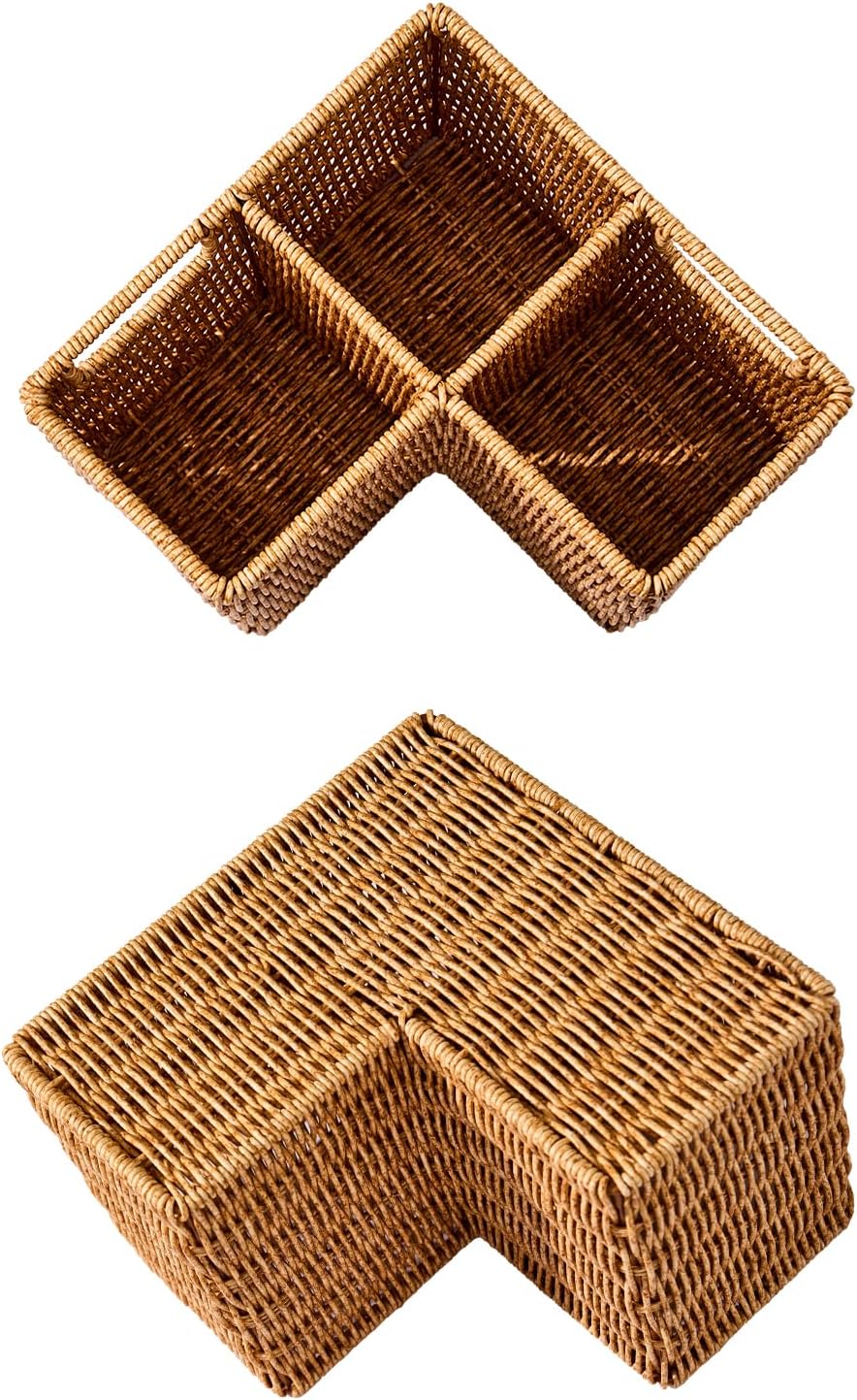 Berdeng 3-Compartment Silverware Caddy, Faux Rattan Utensil Holder with 2 Han...