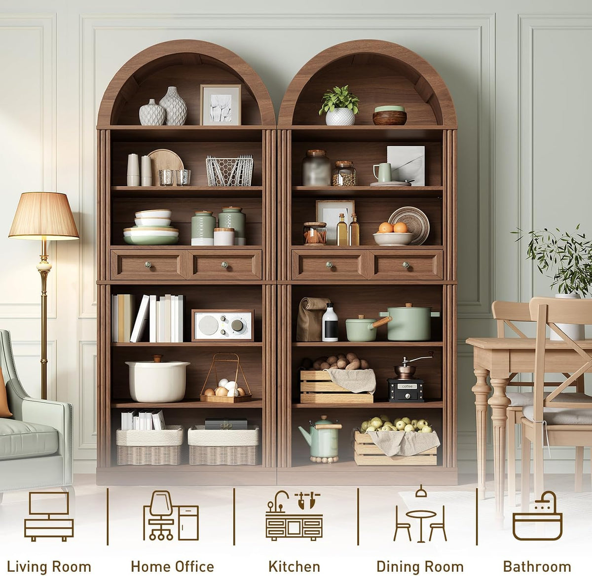 RALGEND Arched Bookshelf, 73" Tall Arch Bookcase with Drawer, 6-Tier Far...