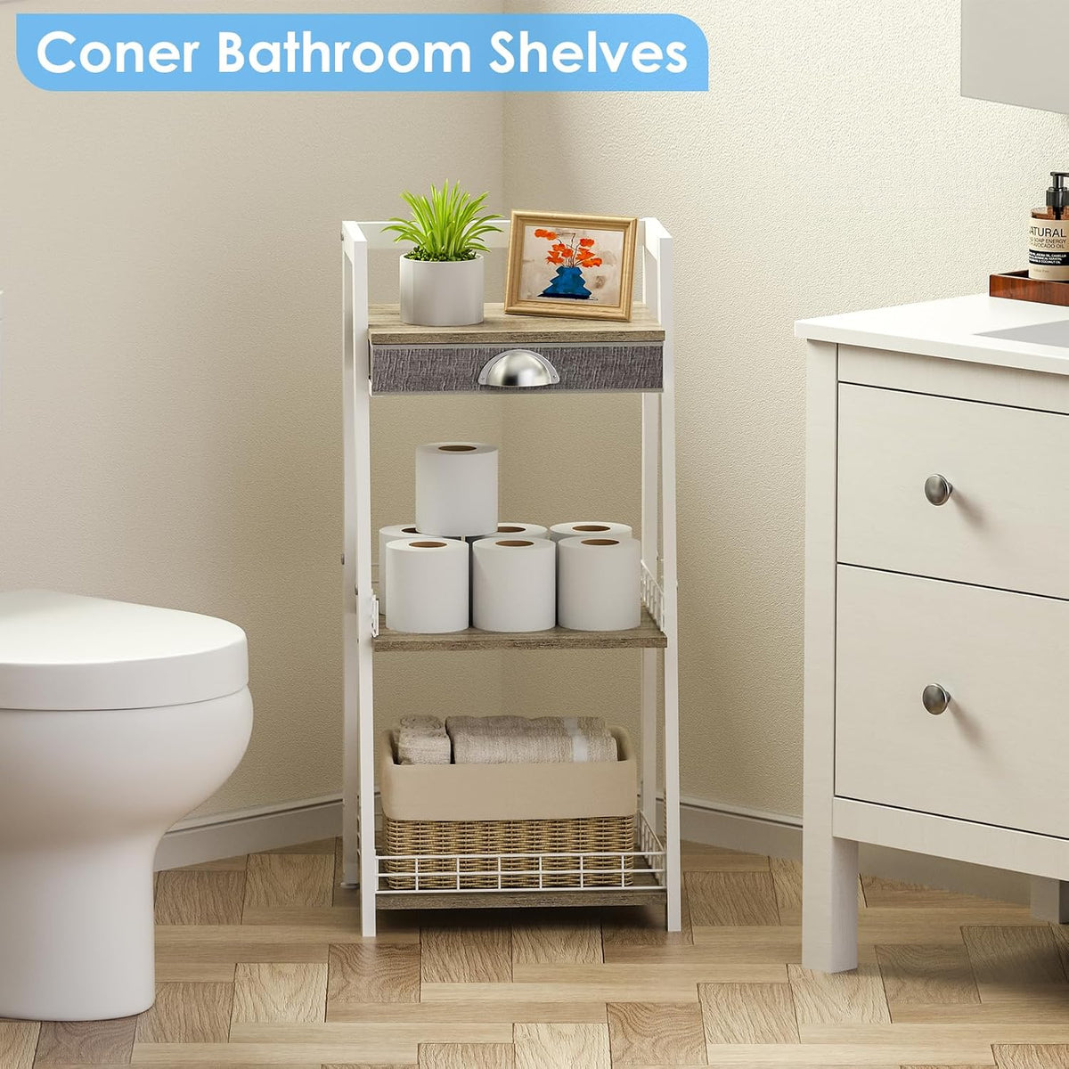 keomaisyto 3-Tier Small Bathroom Shelves with Drawer, Floor Storage Shelf, Sm...