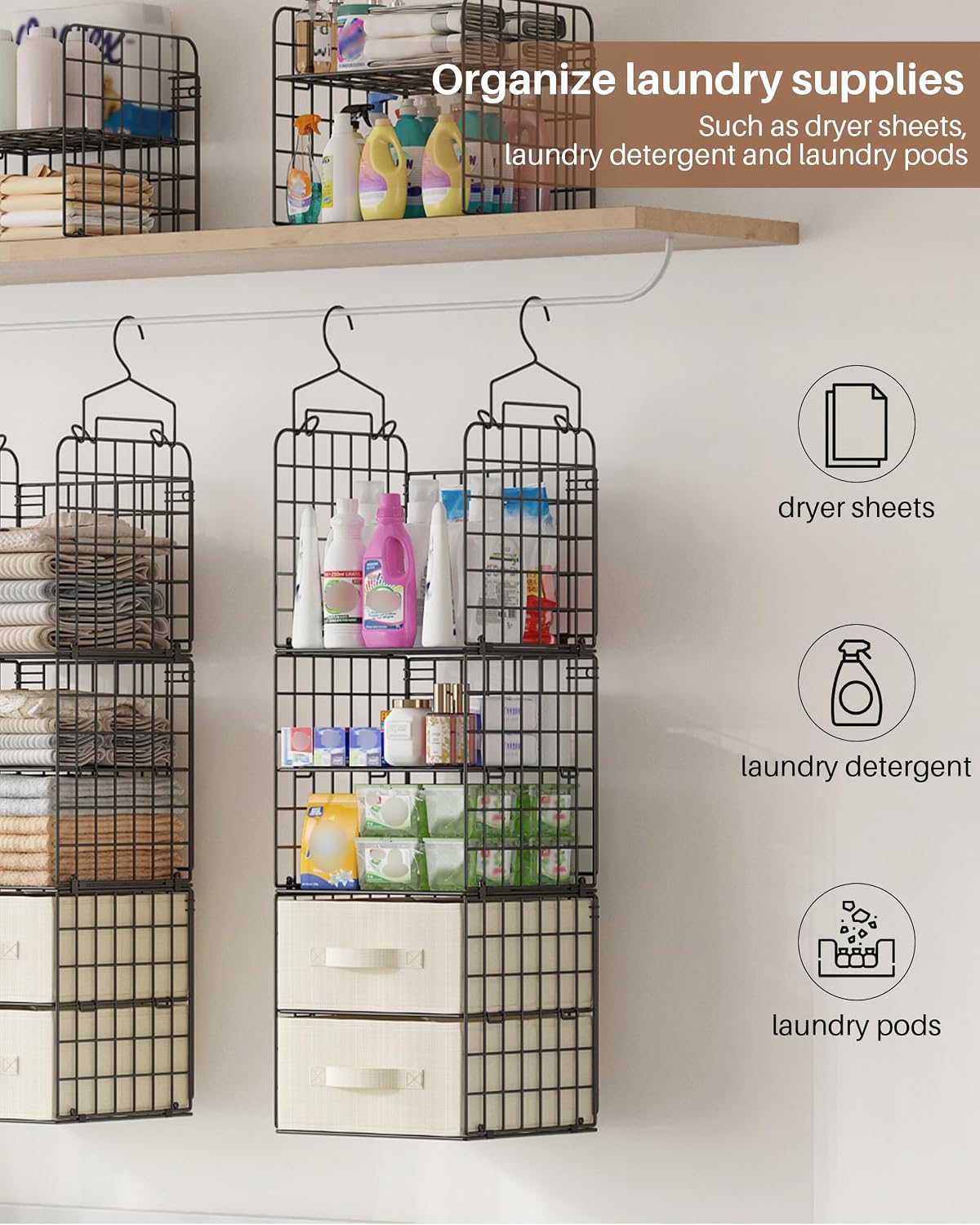 4 Tier Metal Hanging Closet Organizer with 2 Fabric Drawers