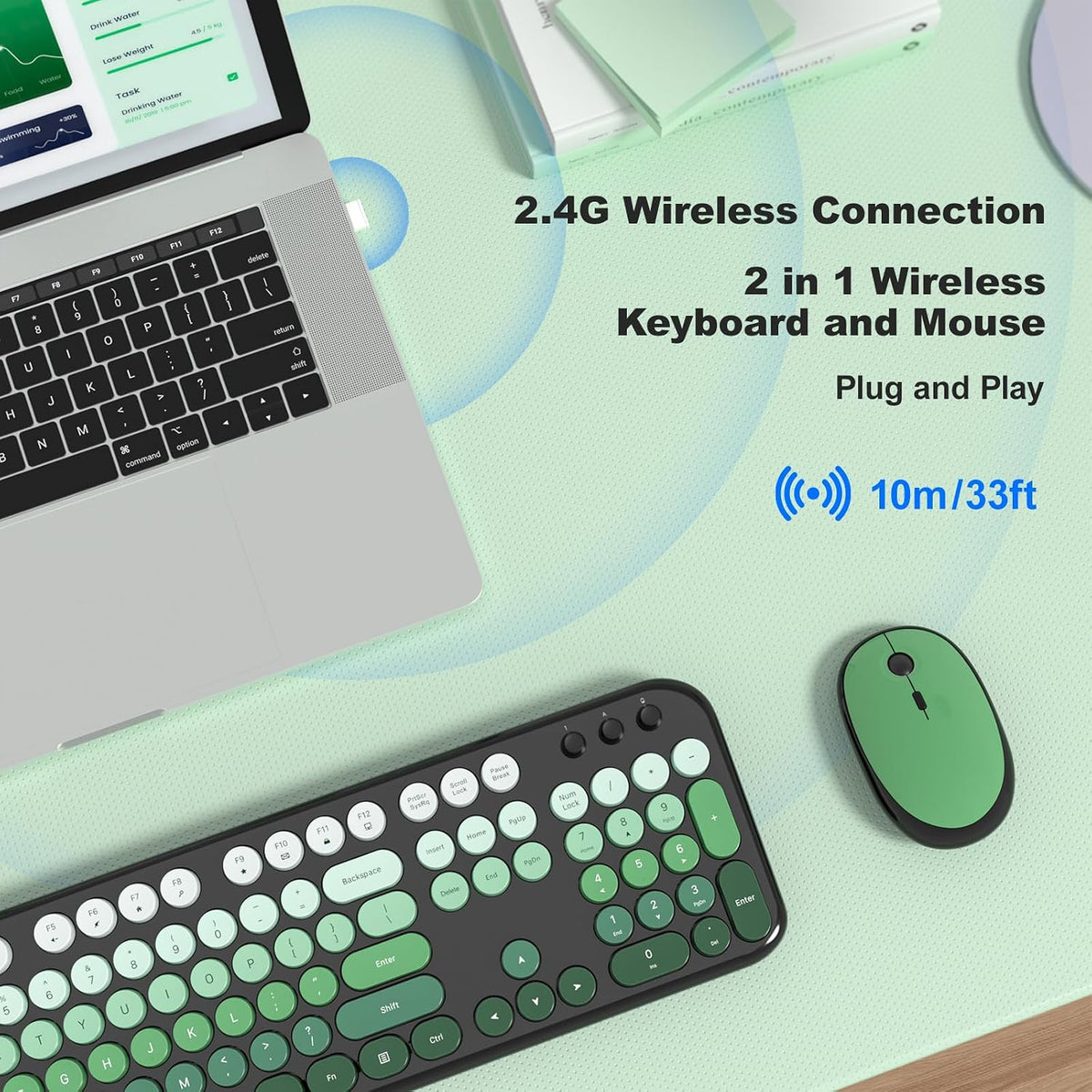 Wireless Keyboard and Mouse Combo, MOWUX Colorful Computer Full Size 2.4G Plu...