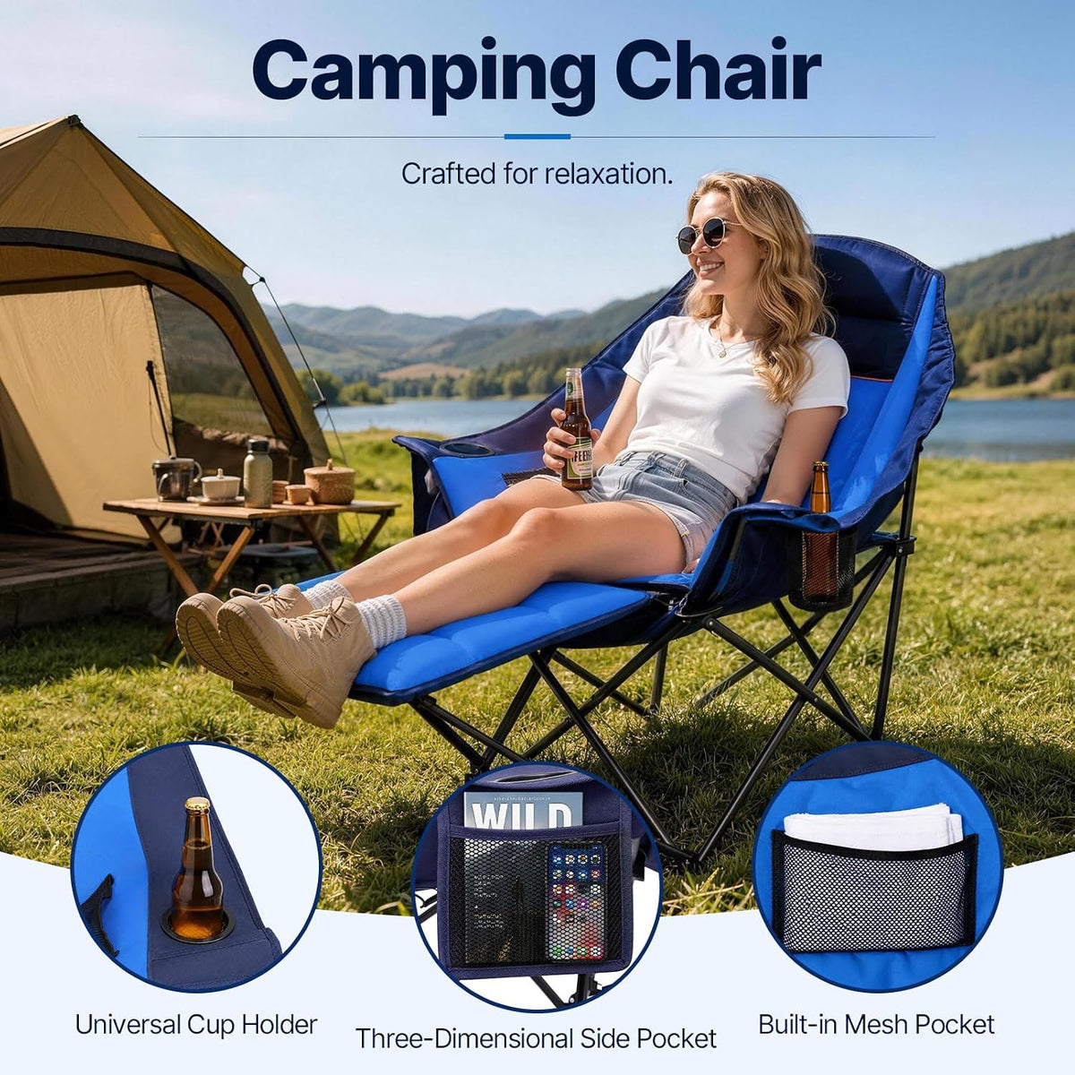 Suteck Camping Chair with Foot Rest, Oversized Padded Folding Chairs, Blue