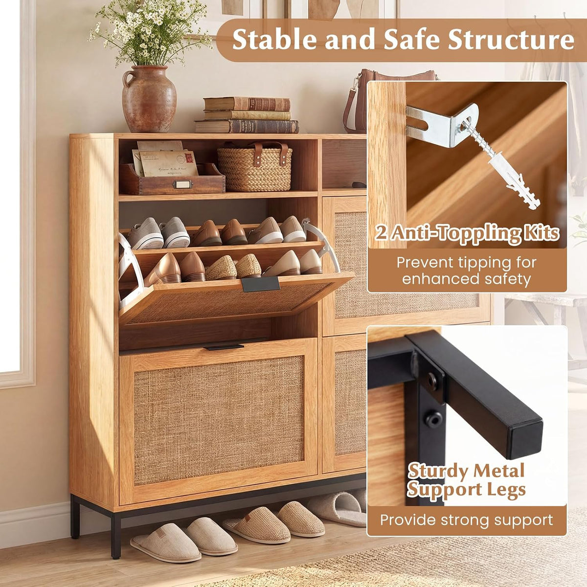 GIANTEX Slim Shoe Storage Cabinet with 4 Flip Drawers & 2 Open Compartments